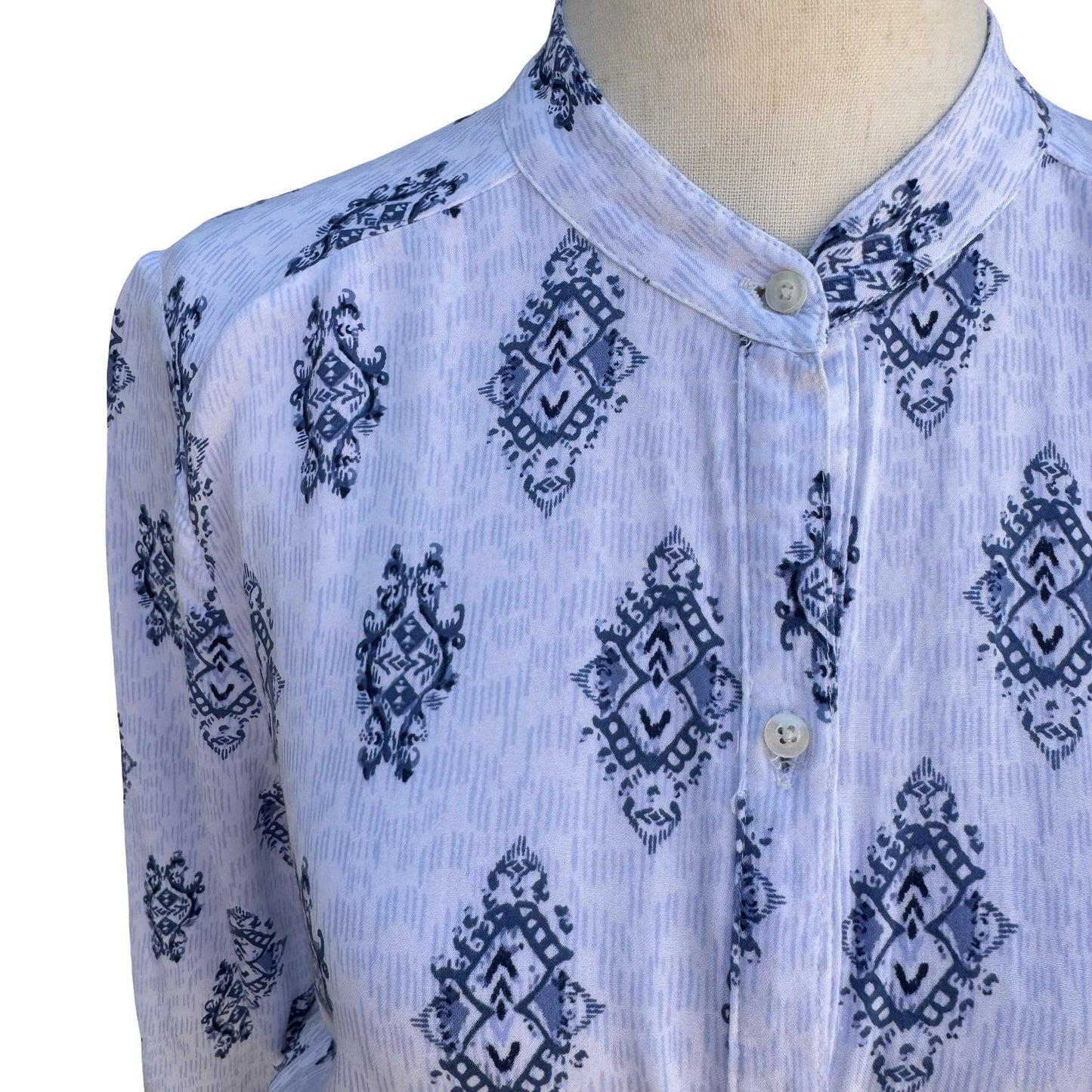 Hollister Blue White Ikat Medallion Button Up Romper S Drawstring Waist Pockets