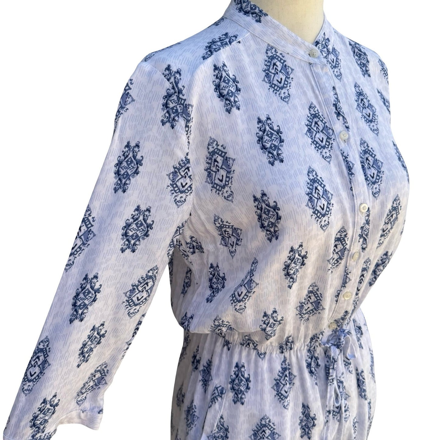 Hollister Blue White Ikat Medallion Button Up Romper S Drawstring Waist Pockets