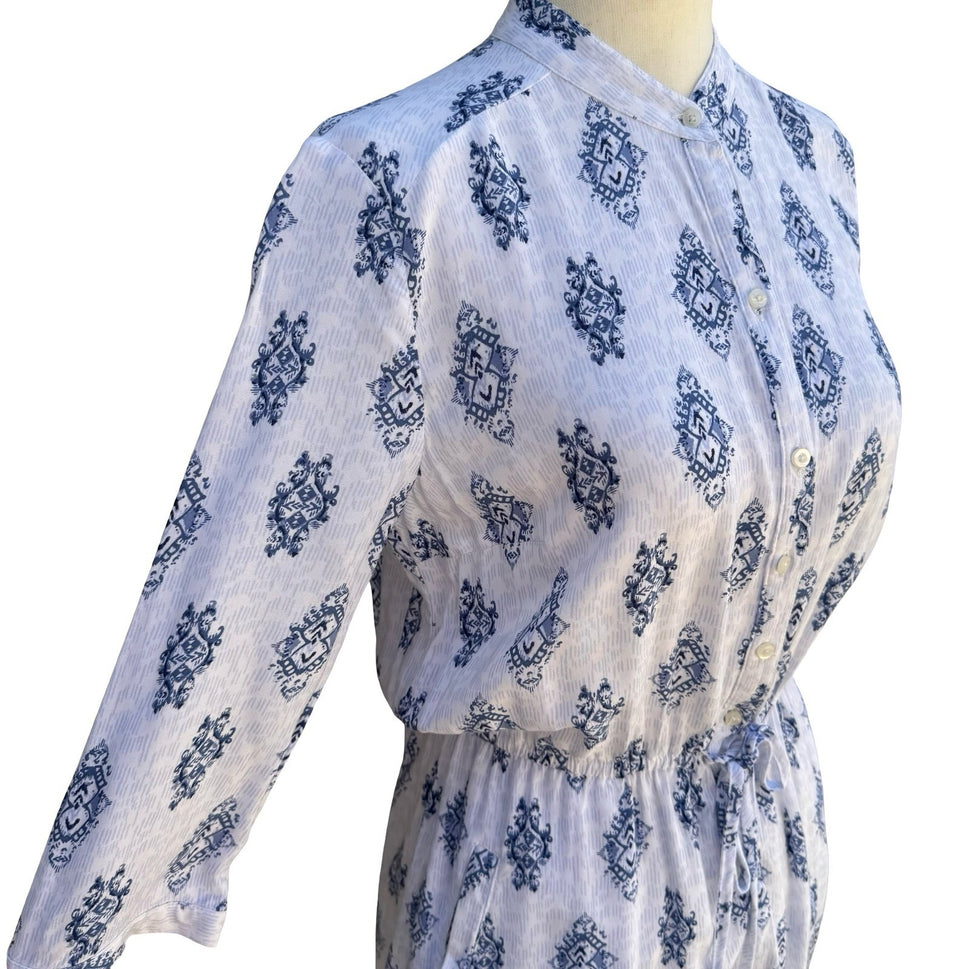 Hollister Blue White Ikat Medallion Button Up Romper S Drawstring Waist Pockets