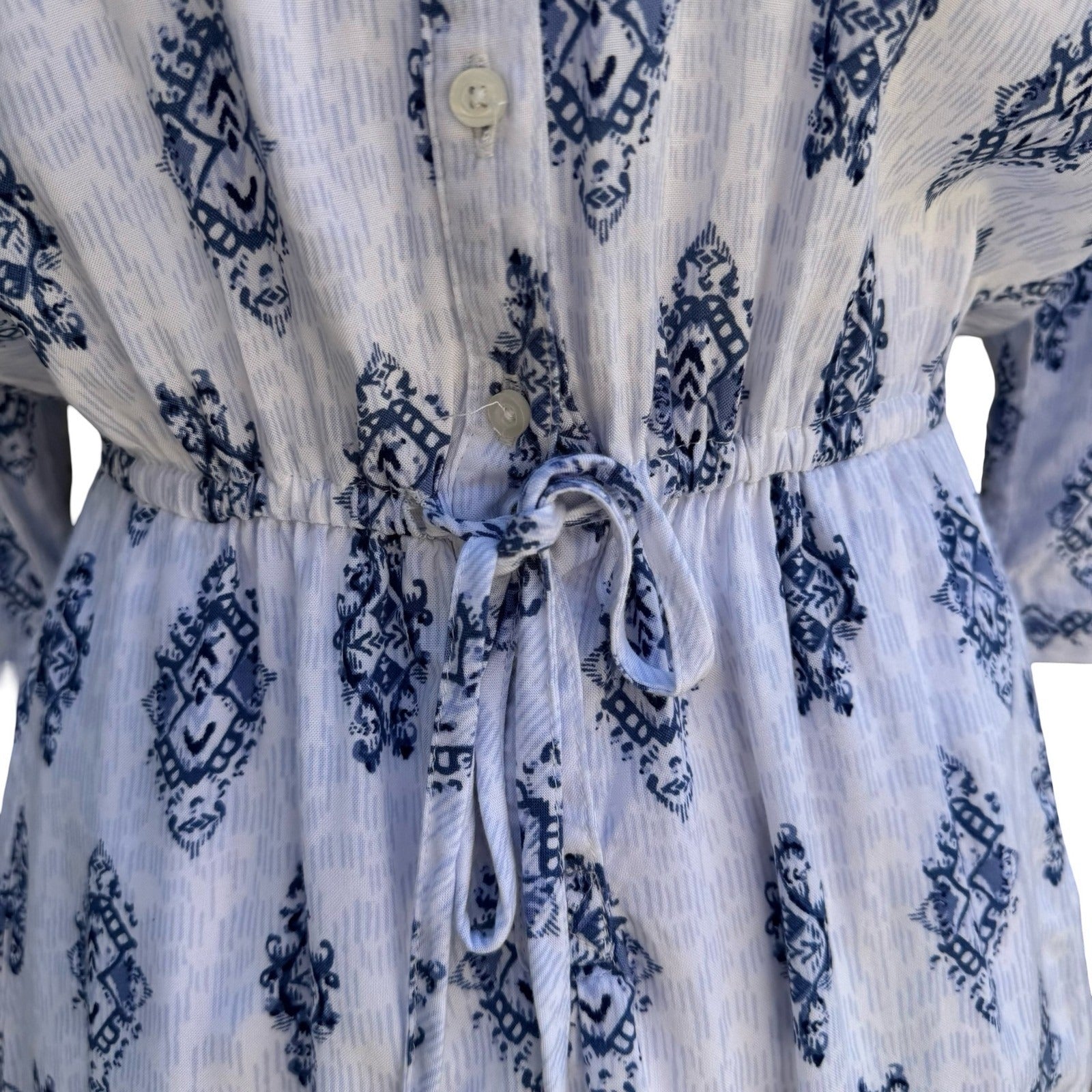 Hollister Blue White Ikat Medallion Button Up Romper S Drawstring Waist Pockets