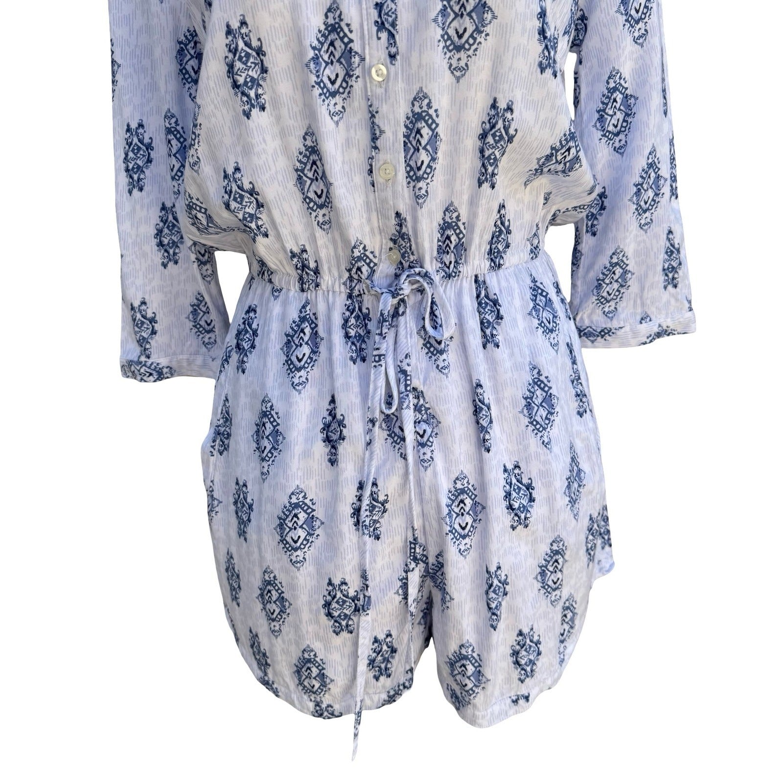 Hollister Blue White Ikat Medallion Button Up Romper S Drawstring Waist Pockets