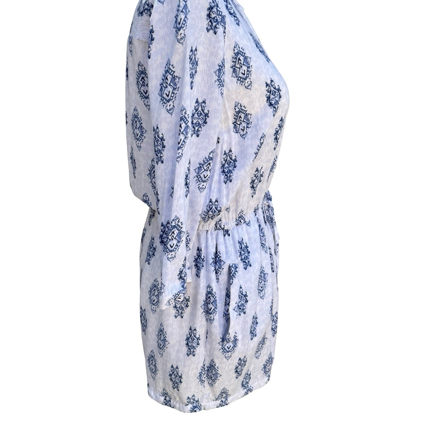 Hollister Blue White Ikat Medallion Button Up Romper S Drawstring Waist Pockets
