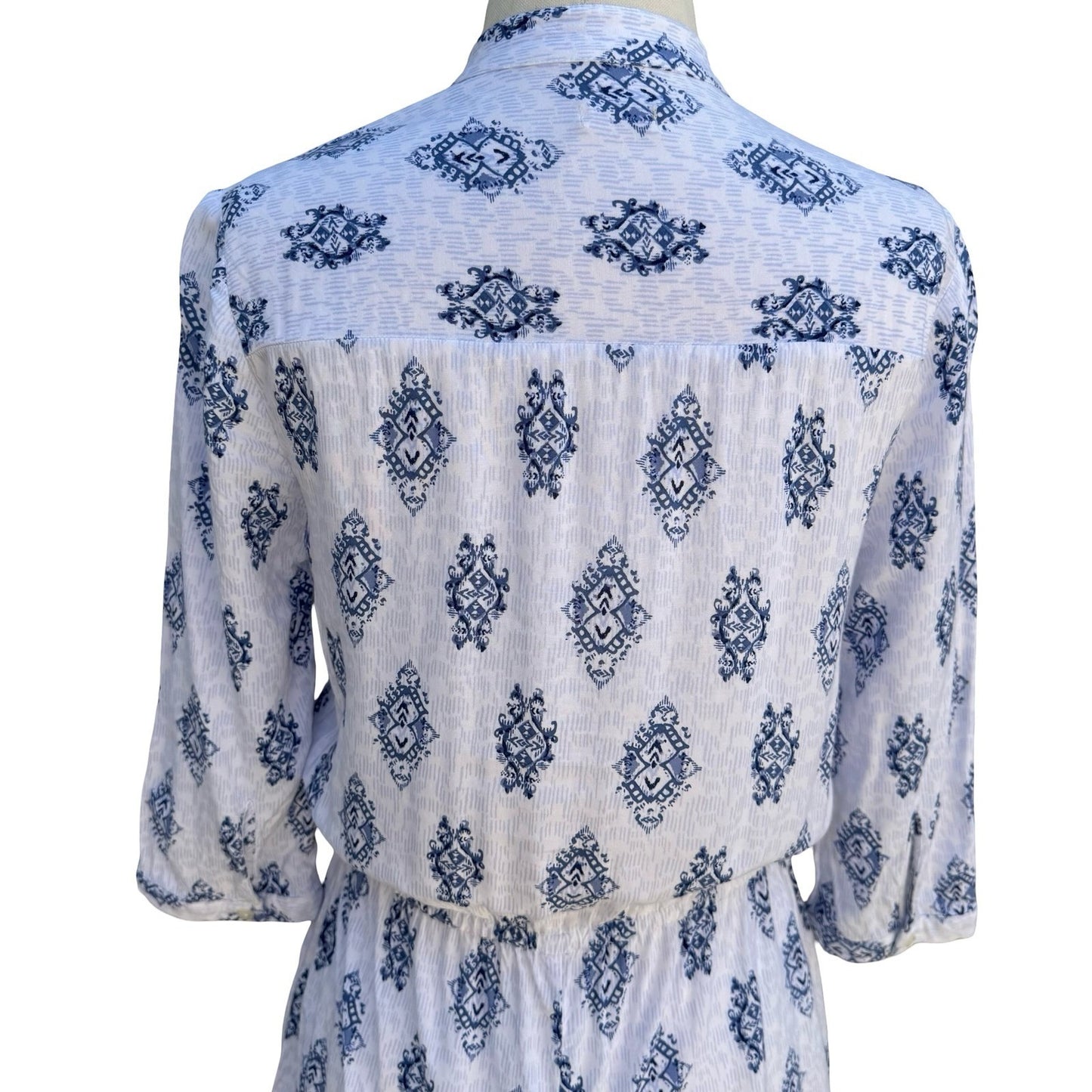 Hollister Blue White Ikat Medallion Button Up Romper S Drawstring Waist Pockets