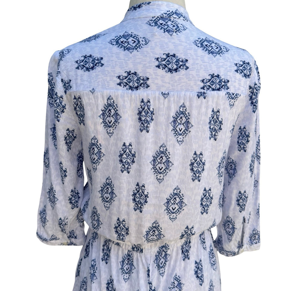 Hollister Blue White Ikat Medallion Button Up Romper S Drawstring Waist Pockets
