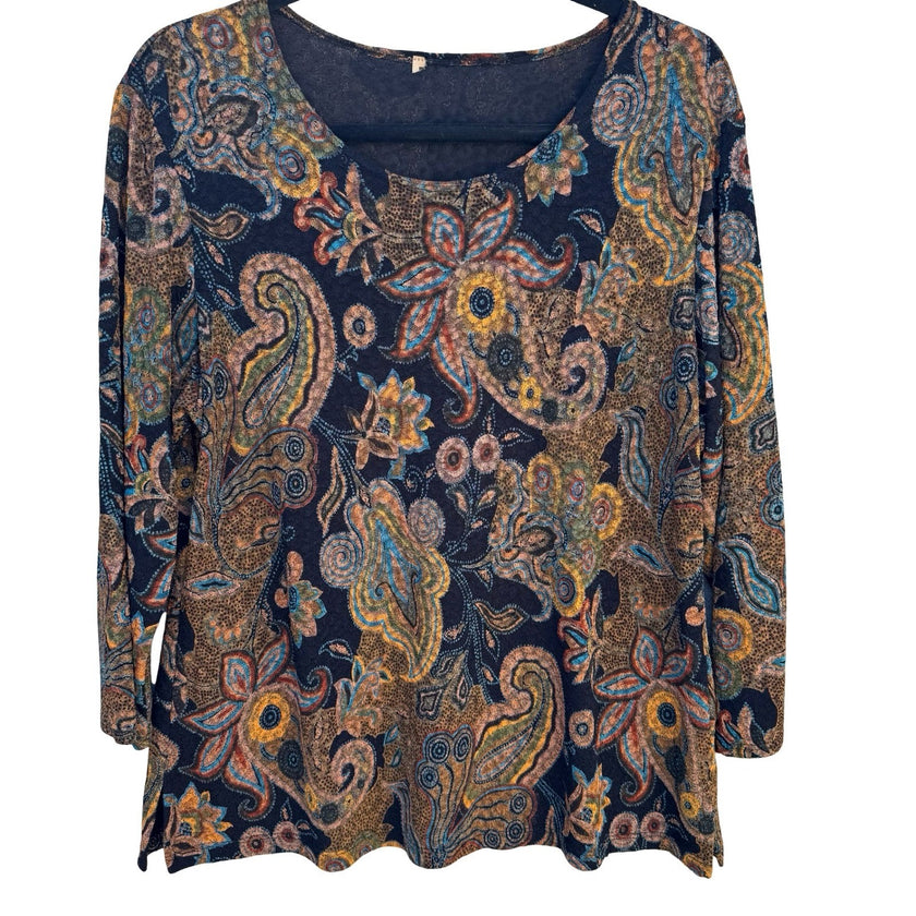 Womens Textured Knit 3/4 Sleeve Paisley Floral Scoop Neck Top Multicolor Boho