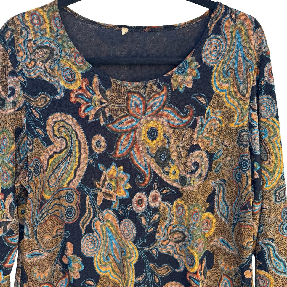 Womens Textured Knit 3/4 Sleeve Paisley Floral Scoop Neck Top Multicolor Boho