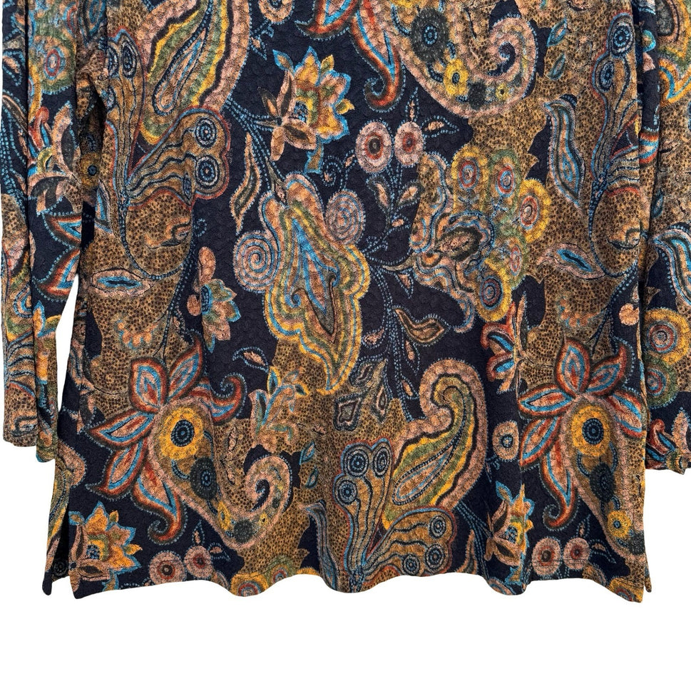 Womens Textured Knit 3/4 Sleeve Paisley Floral Scoop Neck Top Multicolor Boho