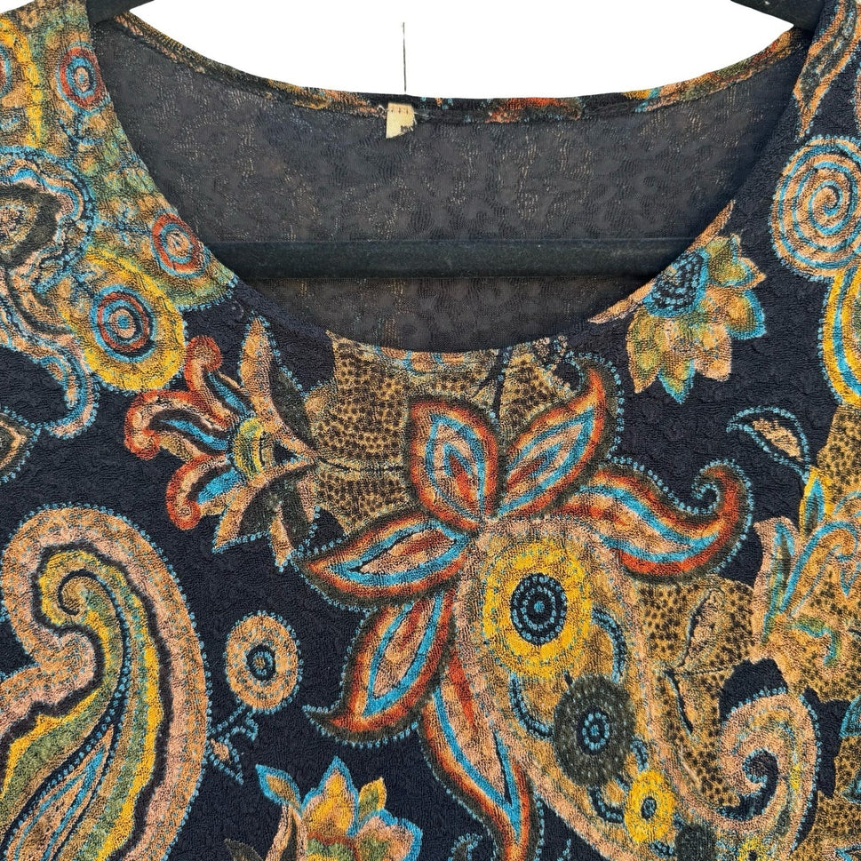 Womens Textured Knit 3/4 Sleeve Paisley Floral Scoop Neck Top Multicolor Boho