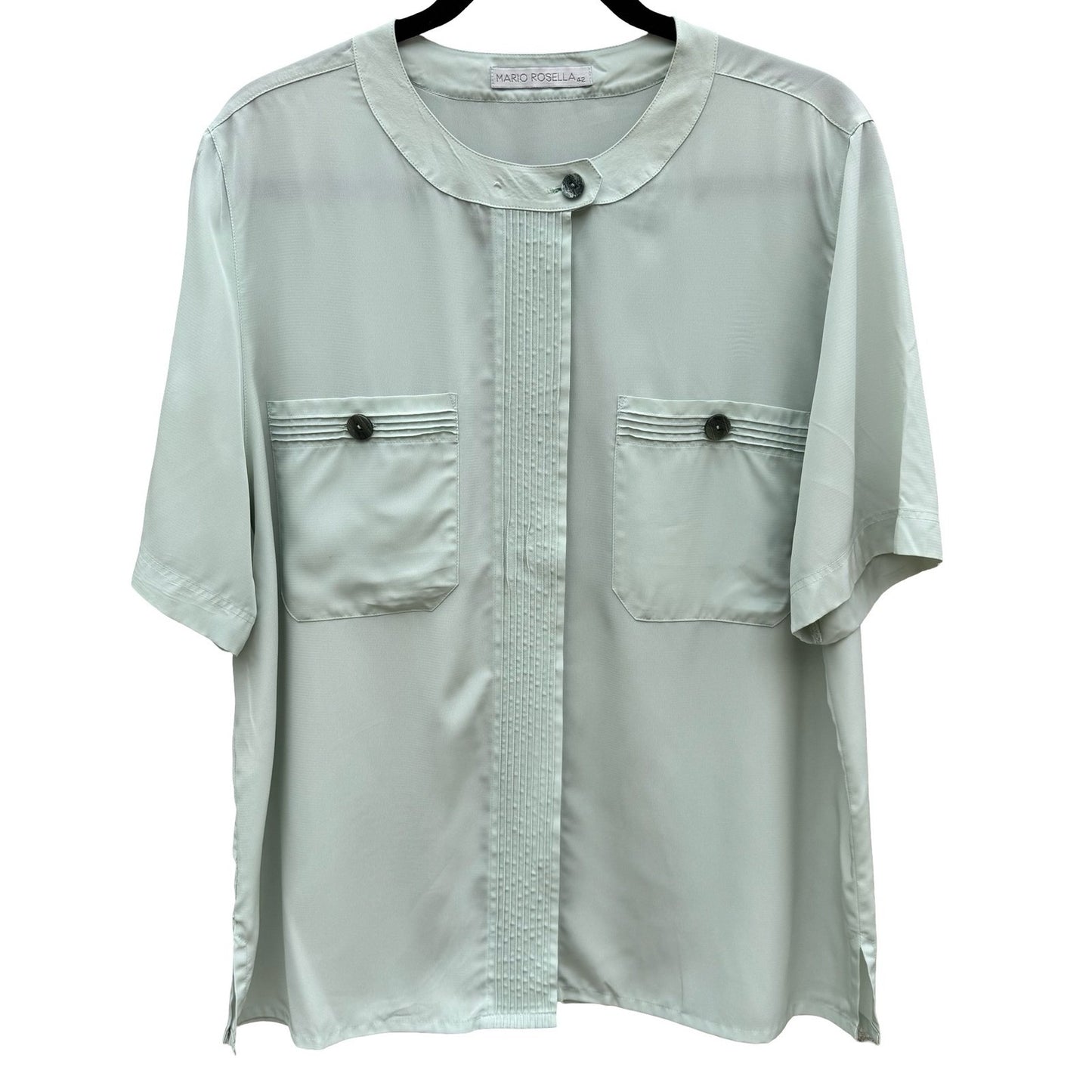 Mario Rosella Pastel Green Pleated Short Sleeve Blouse Collarless Minimalist