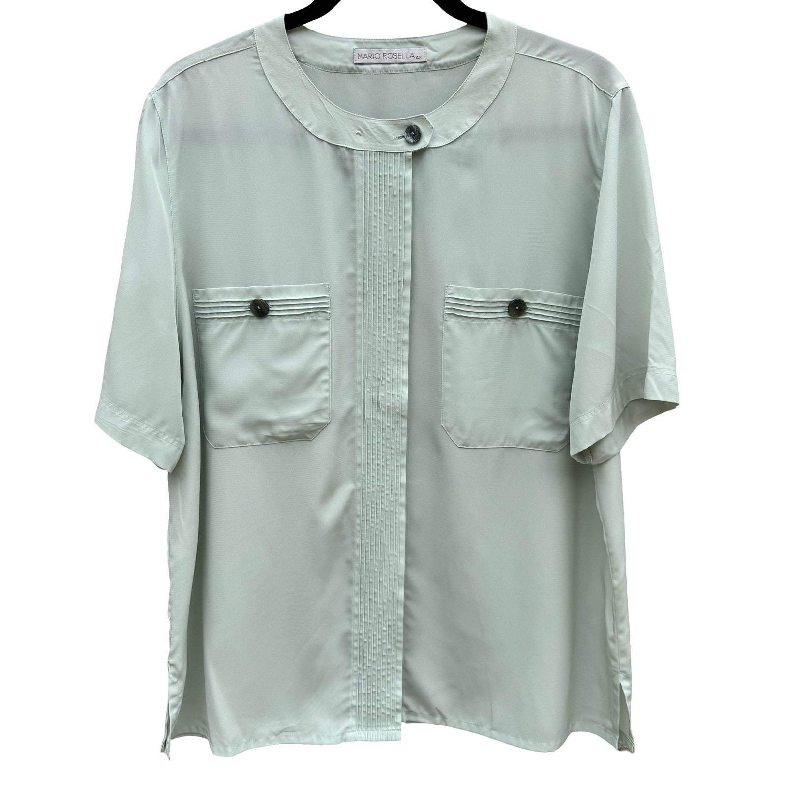 Mario Rosella Pastel Green Pleated Short Sleeve Blouse Collarless Minimalist