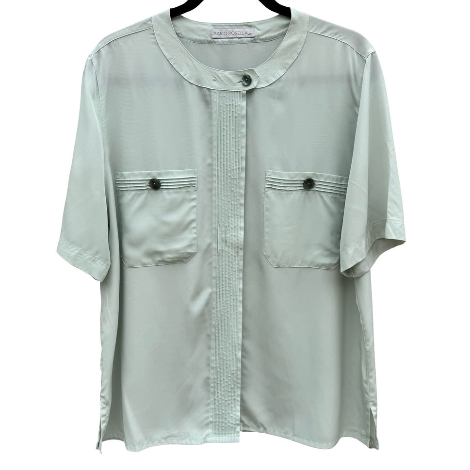 Mario Rosella Pastel Green Pleated Short Sleeve Blouse Collarless Minimalist