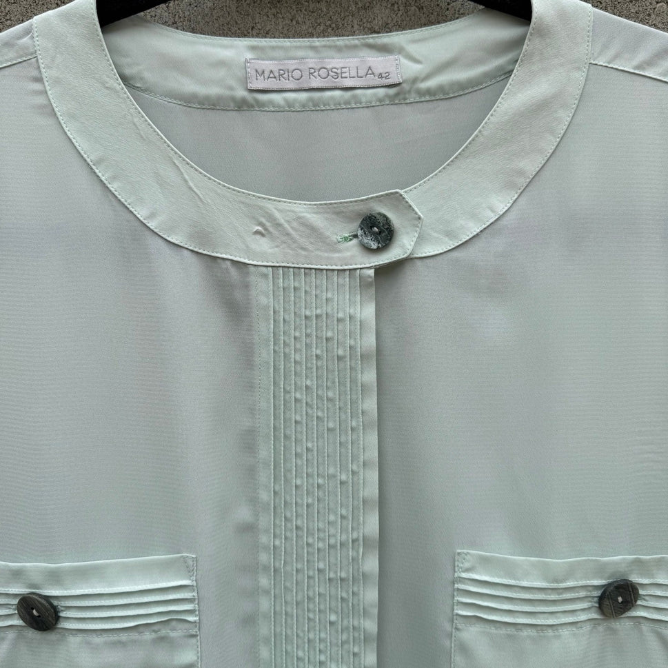 Mario Rosella Pastel Green Pleated Short Sleeve Blouse Collarless Minimalist