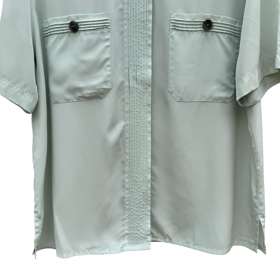 Mario Rosella Pastel Green Pleated Short Sleeve Blouse Collarless Minimalist