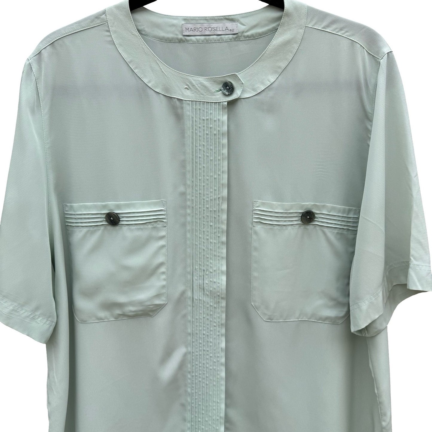 Mario Rosella Pastel Green Pleated Short Sleeve Blouse Collarless Minimalist