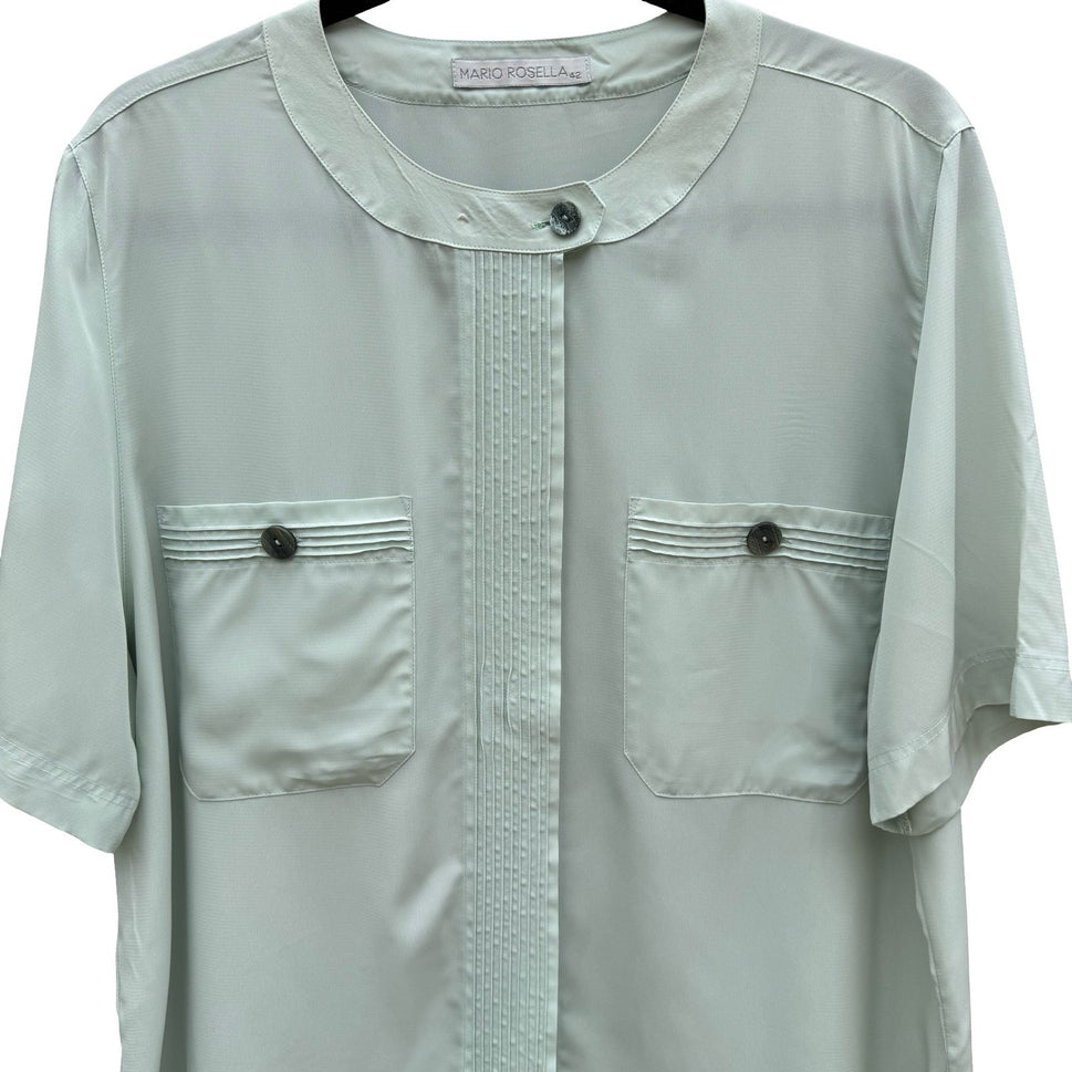 Mario Rosella Pastel Green Pleated Short Sleeve Blouse Collarless Minimalist