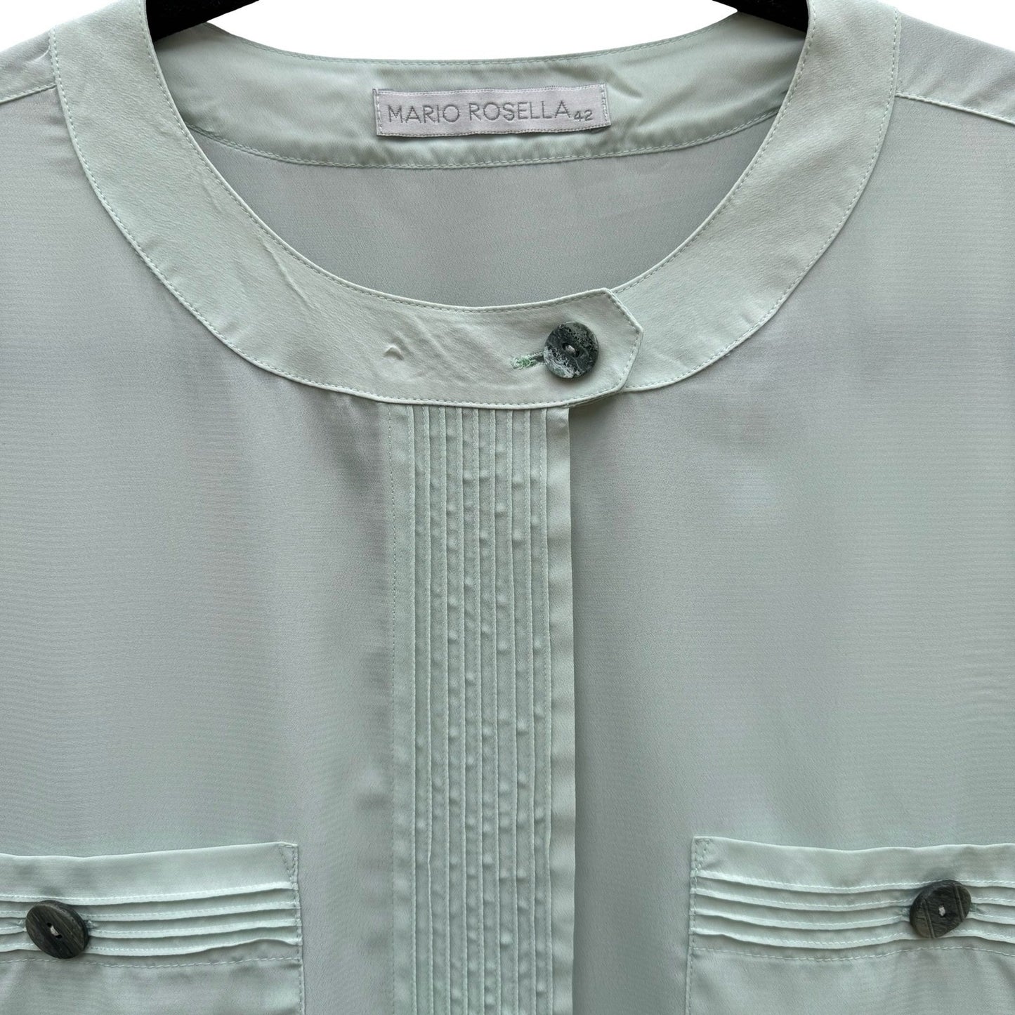 Mario Rosella Pastel Green Pleated Short Sleeve Blouse Collarless Minimalist