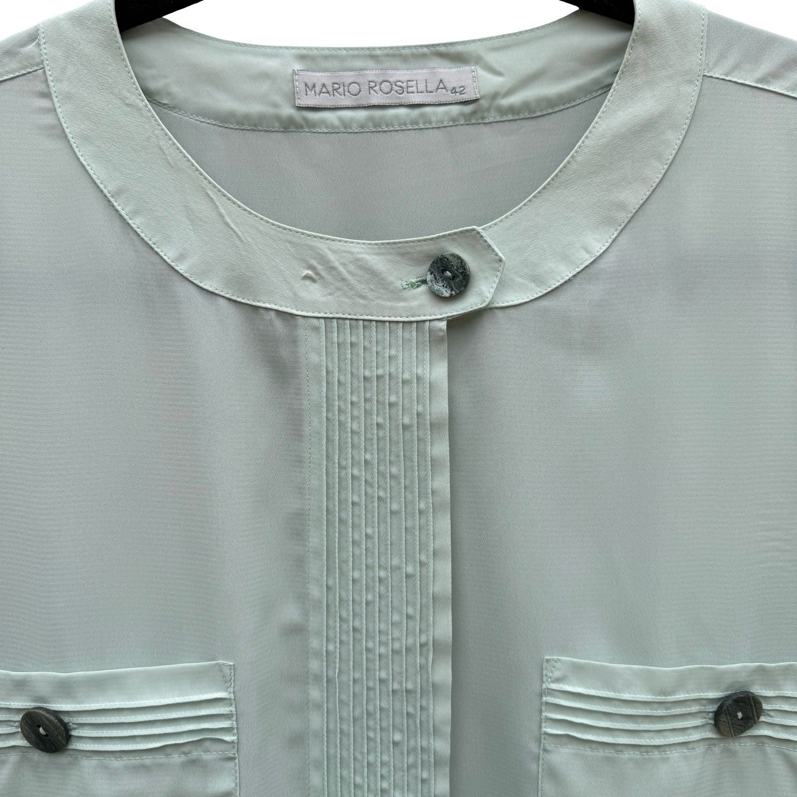 Mario Rosella Pastel Green Pleated Short Sleeve Blouse Collarless Minimalist
