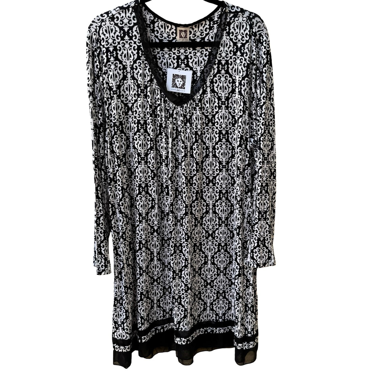 Anne Klein Dark Academia Scroll Damask Mesh Trim V-Neck Sheath Dress Black L NEW