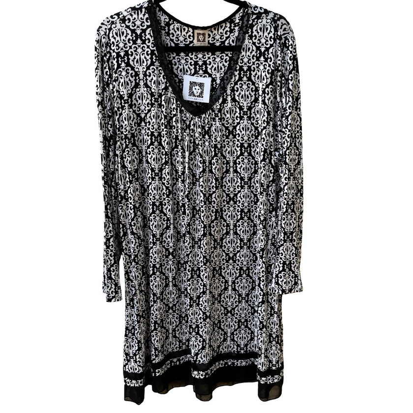 Anne Klein Dark Academia Scroll Damask Mesh Trim V-Neck Sheath Dress Black L NEW