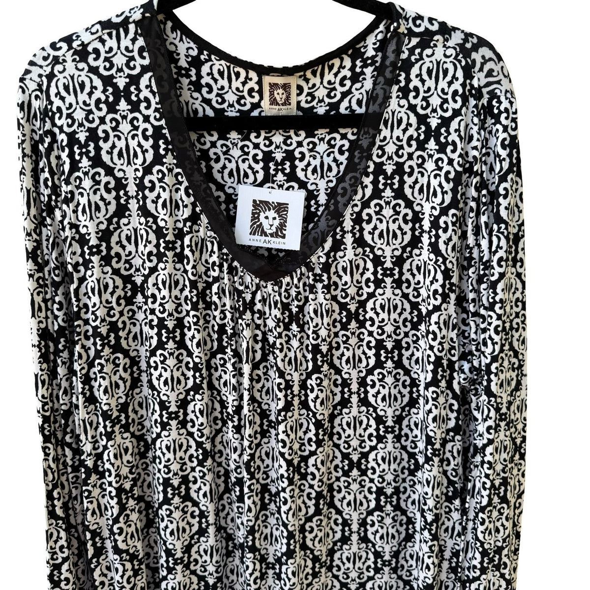 Anne Klein Dark Academia Scroll Damask Mesh Trim V-Neck Sheath Dress Black L NEW