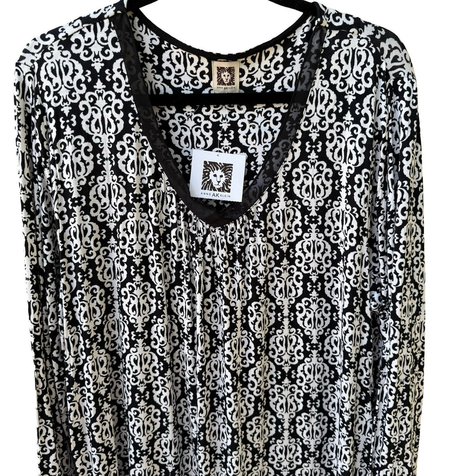 Anne Klein Dark Academia Scroll Damask Mesh Trim V-Neck Sheath Dress Black L NEW