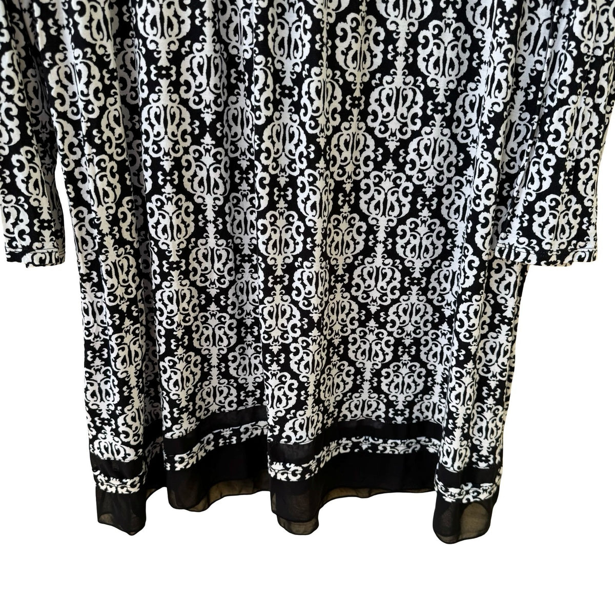Anne Klein Dark Academia Scroll Damask Mesh Trim V-Neck Sheath Dress Black L NEW