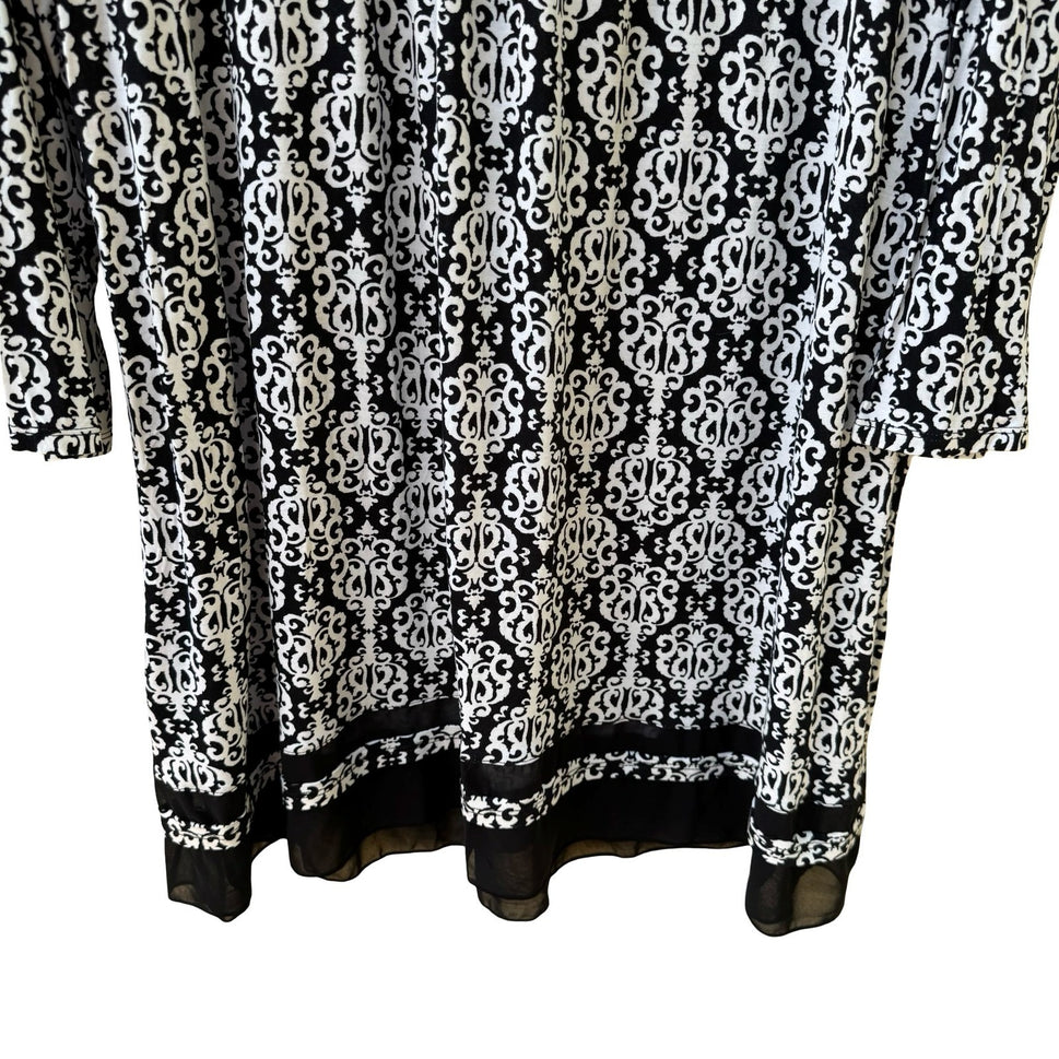 Anne Klein Dark Academia Scroll Damask Mesh Trim V-Neck Sheath Dress Black L NEW