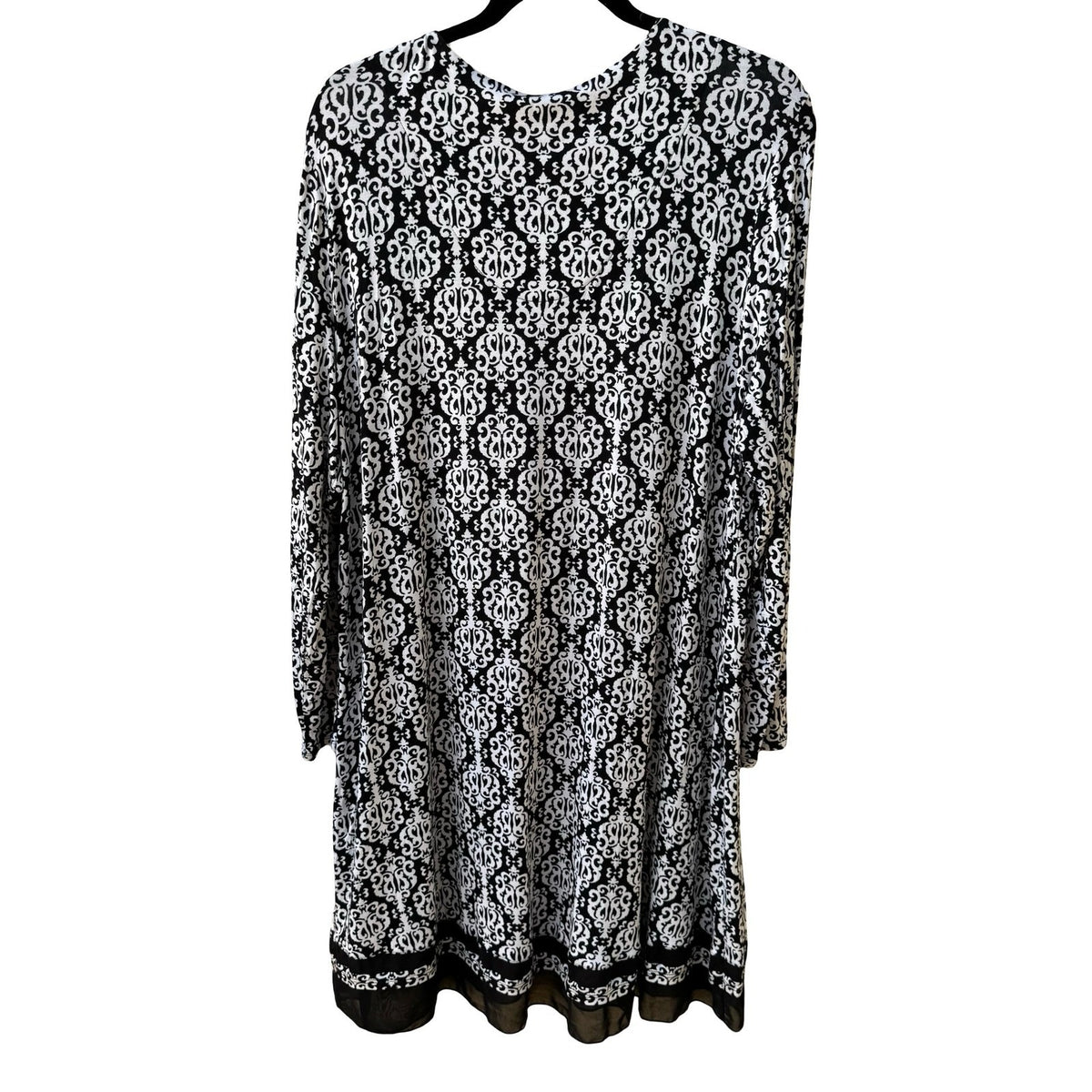 Anne Klein Dark Academia Scroll Damask Mesh Trim V-Neck Sheath Dress Black L NEW