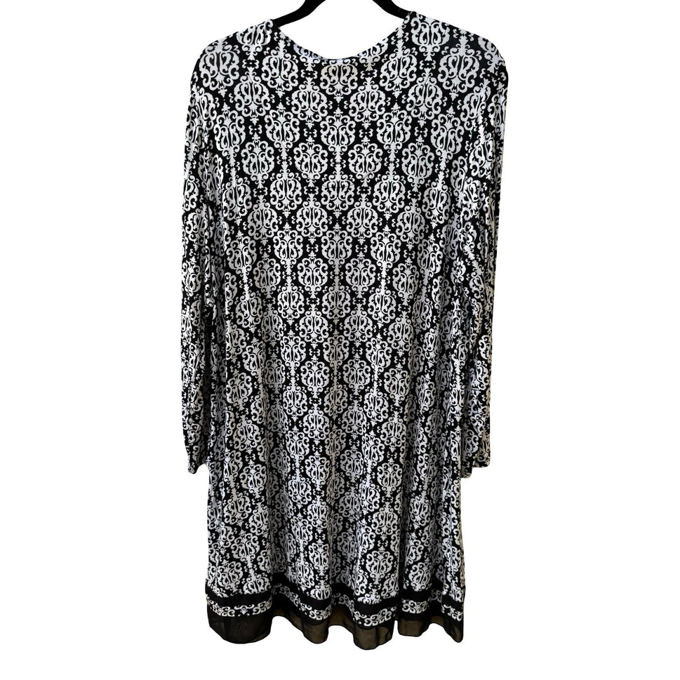 Anne Klein Dark Academia Scroll Damask Mesh Trim V-Neck Sheath Dress Black L NEW
