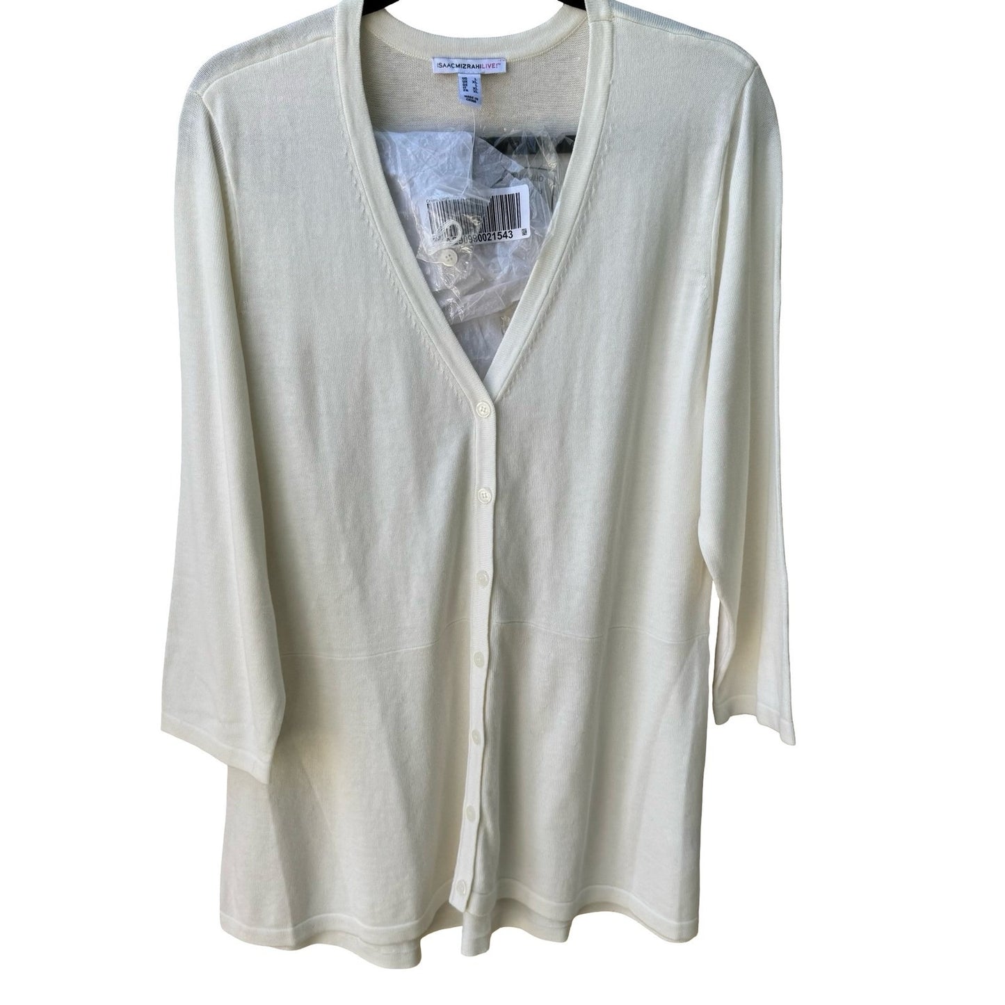 Isaac Mizrahi Minimalist Capsule Wardrobe Knit Cardigan 3/4 Sleeve Cream L NEW