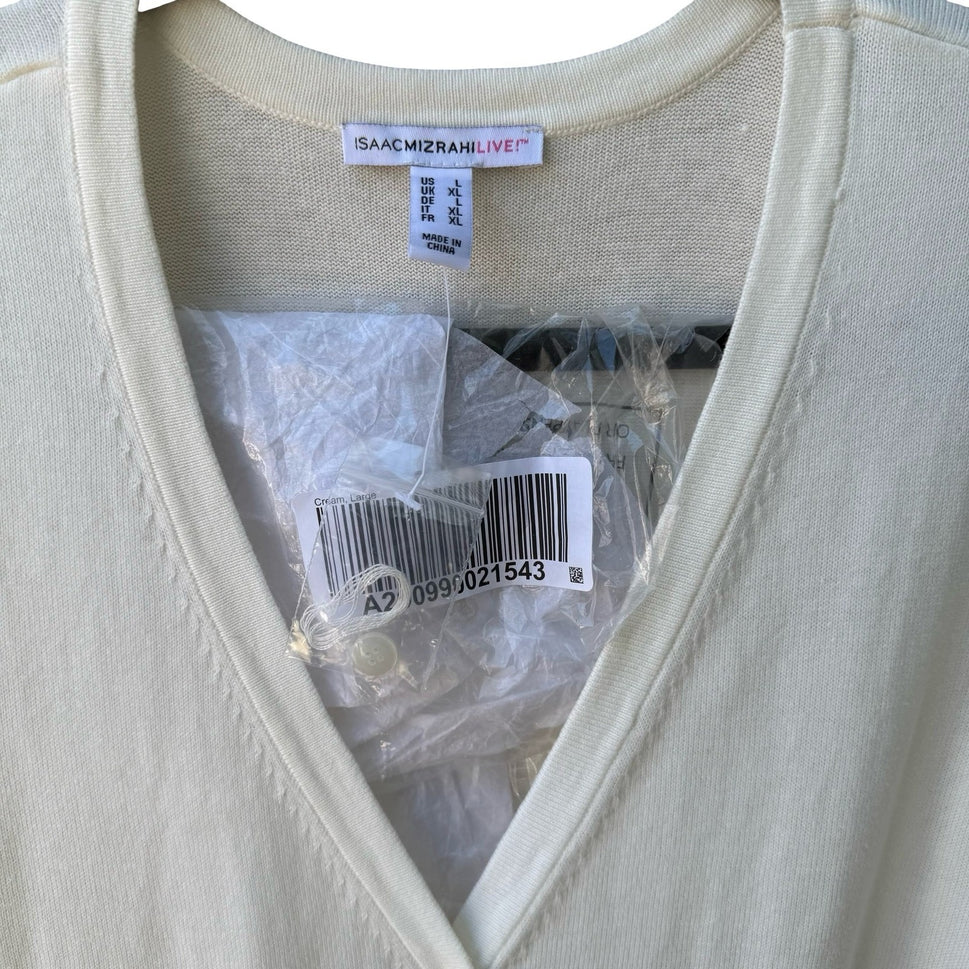 Isaac Mizrahi Minimalist Capsule Wardrobe Knit Cardigan 3/4 Sleeve Cream L NEW