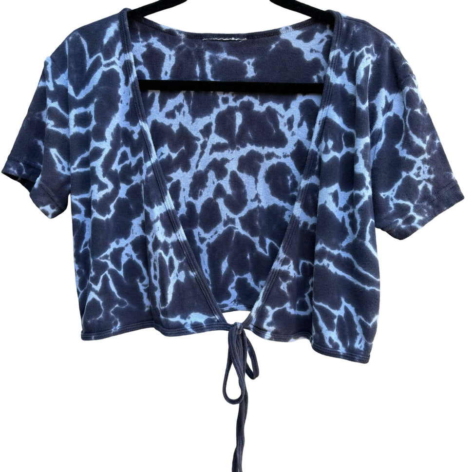 Hard Tail Women's Blue Tie-Dye V Neck Short Sleeve Crop Front Tie Closure Top