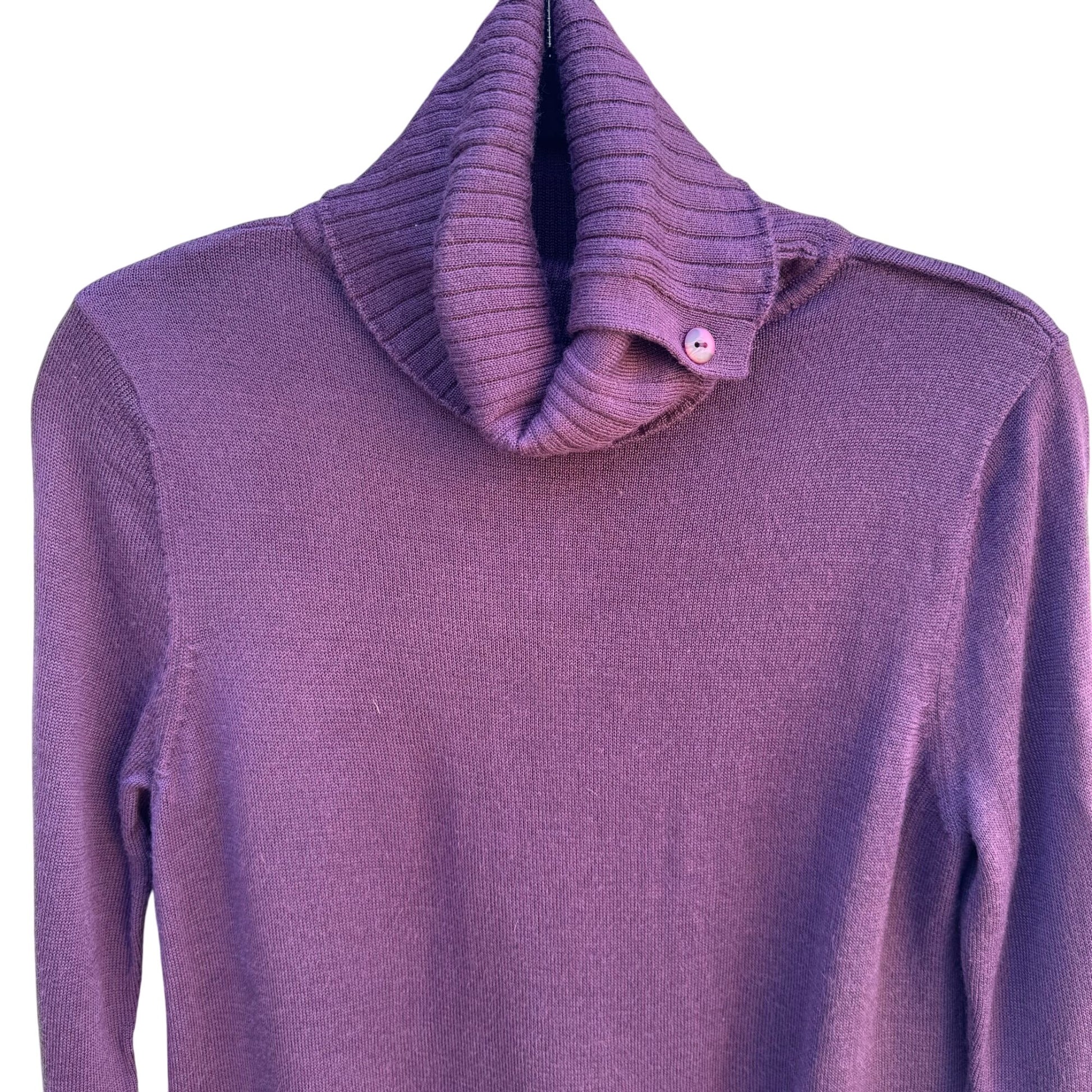 Terry Lewis Vintage Wool Blend Purple Button Cowl Neck Ribbed Knit Sweater S