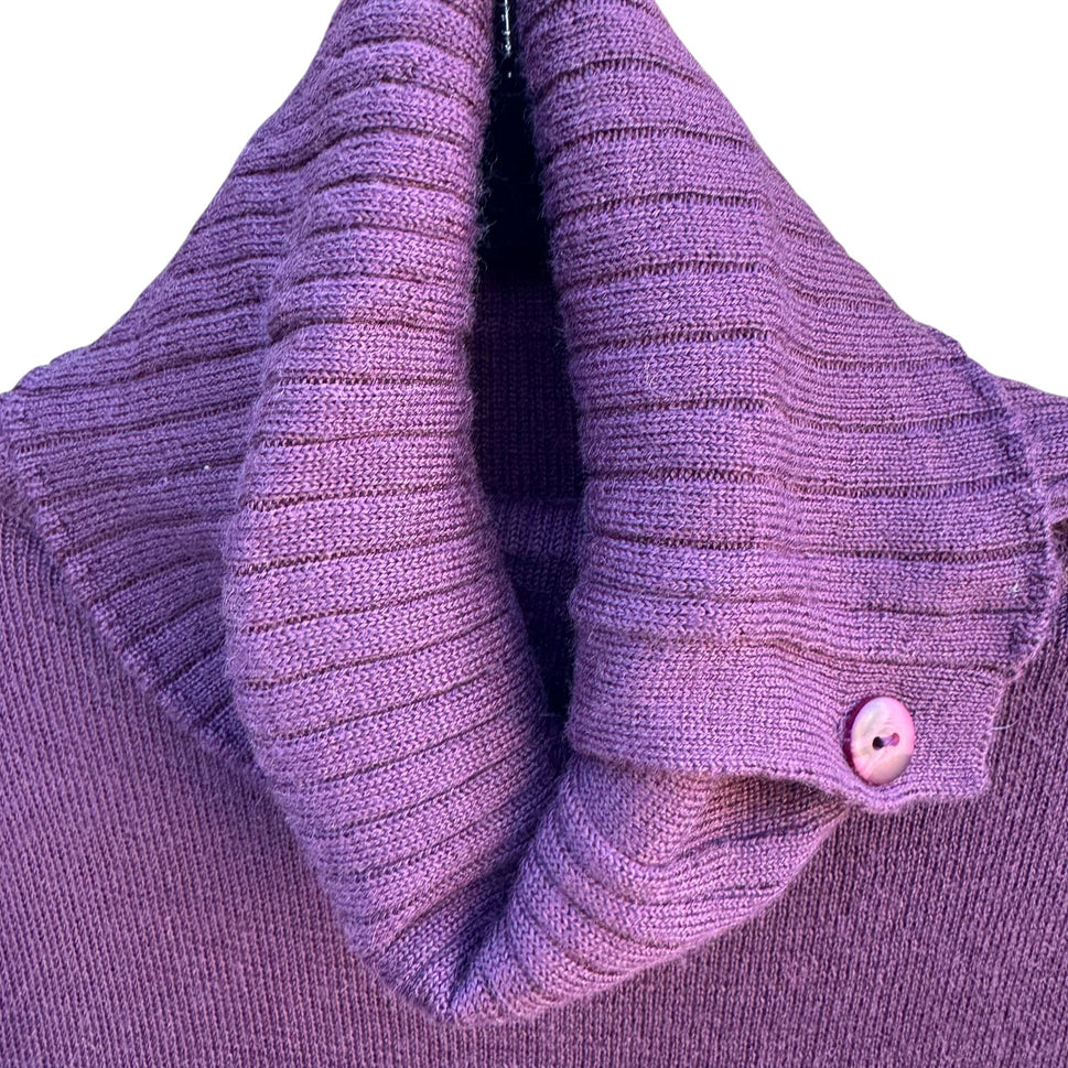 Terry Lewis Vintage Wool Blend Purple Button Cowl Neck Ribbed Knit Sweater S