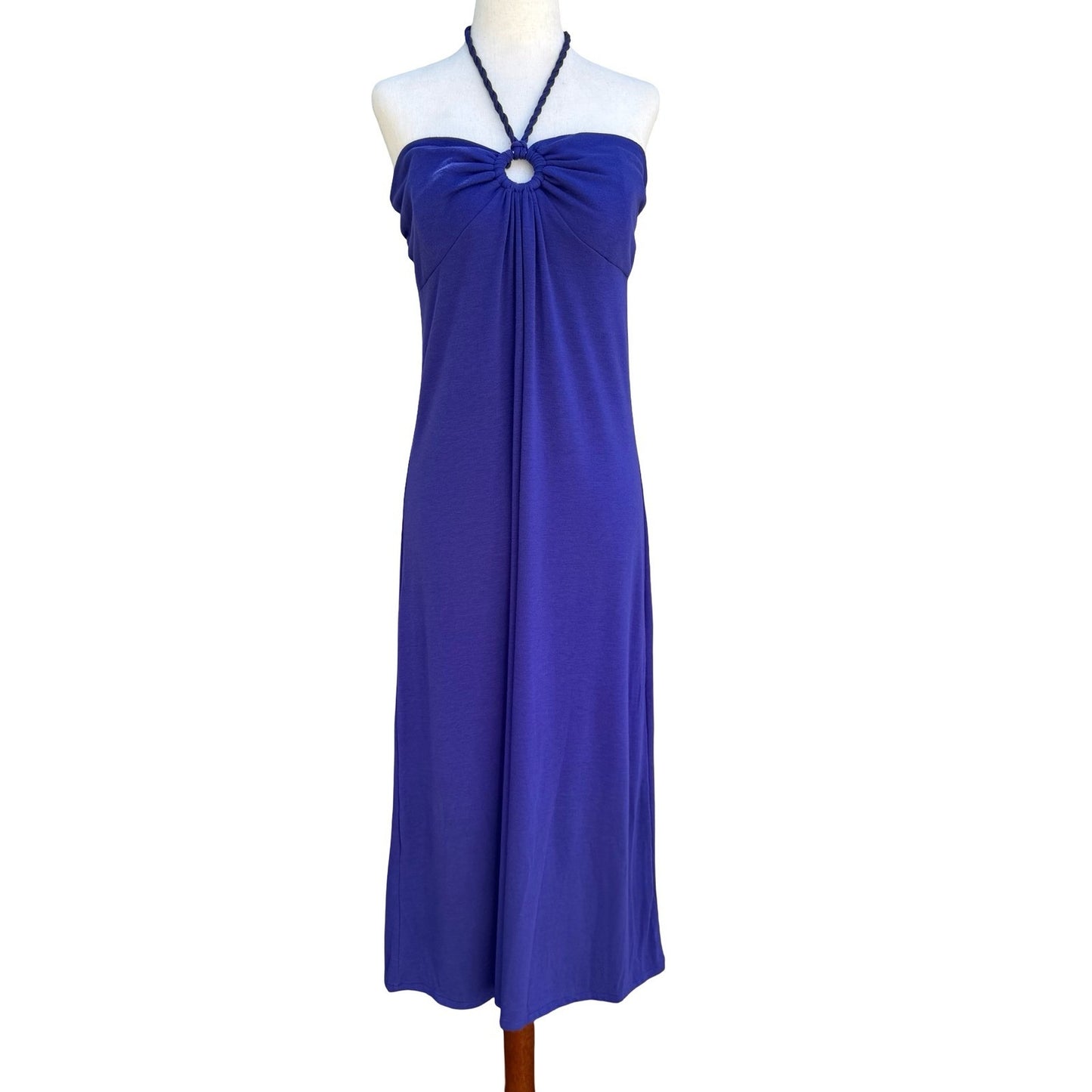 Y2K Purple Halter Midi Dress Braided Rope O-Ring Detail Sleeveless Summer Column