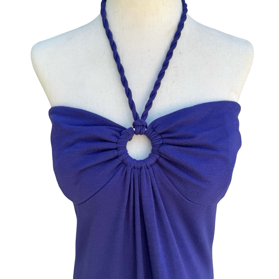 Y2K Purple Halter Midi Dress Braided Rope O-Ring Detail Sleeveless Summer Column