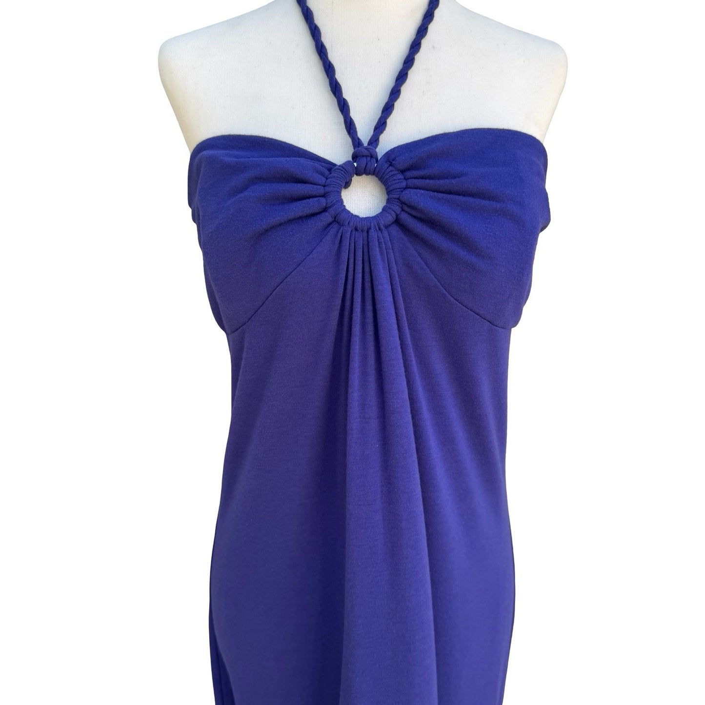 Y2K Purple Halter Midi Dress Braided Rope O-Ring Detail Sleeveless Summer Column
