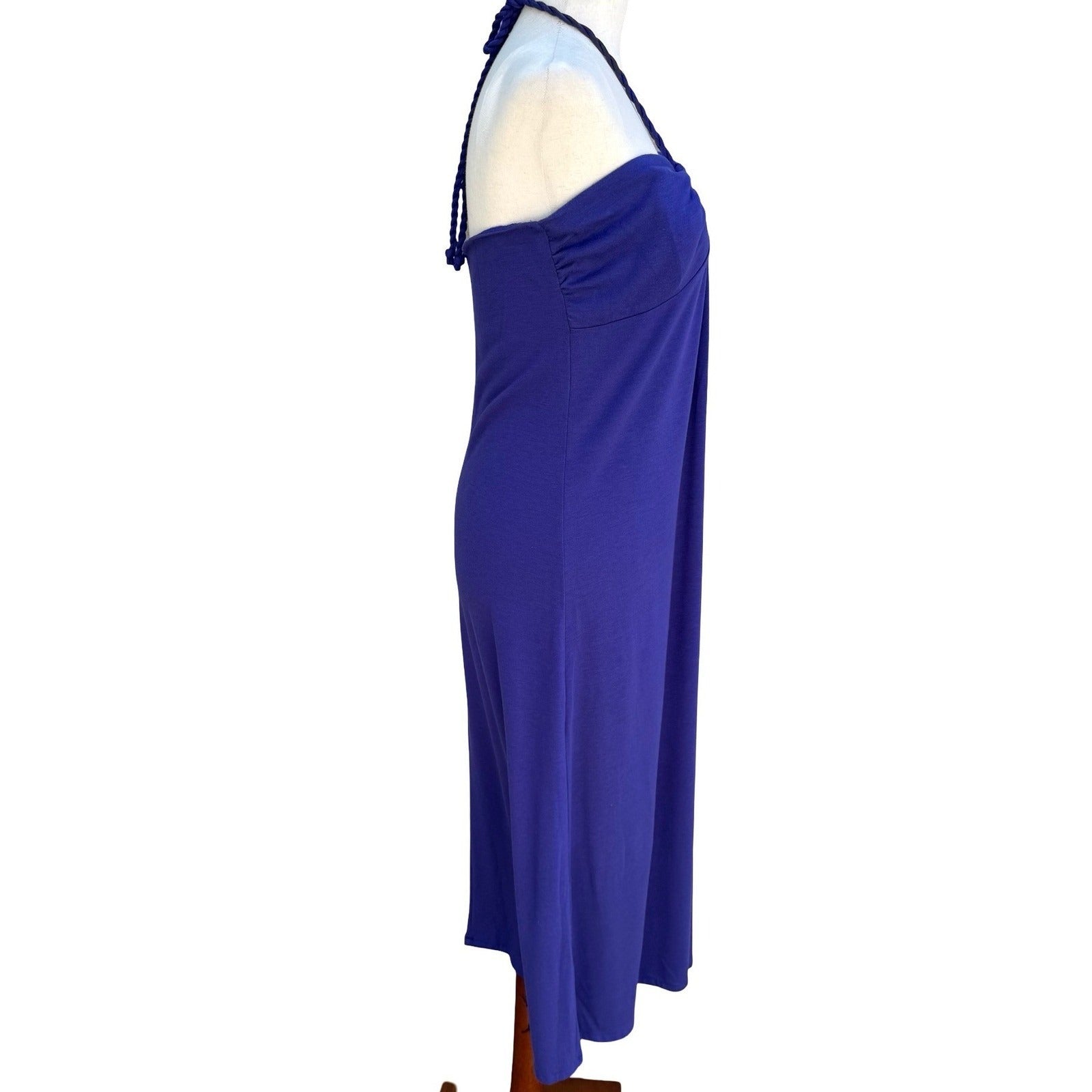 Y2K Purple Halter Midi Dress Braided Rope O-Ring Detail Sleeveless Summer Column