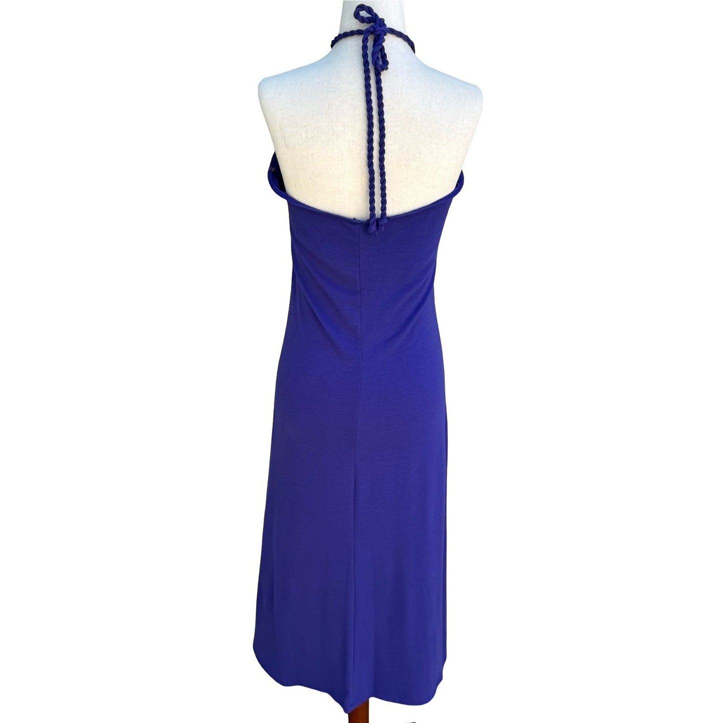 Y2K Purple Halter Midi Dress Braided Rope O-Ring Detail Sleeveless Summer Column