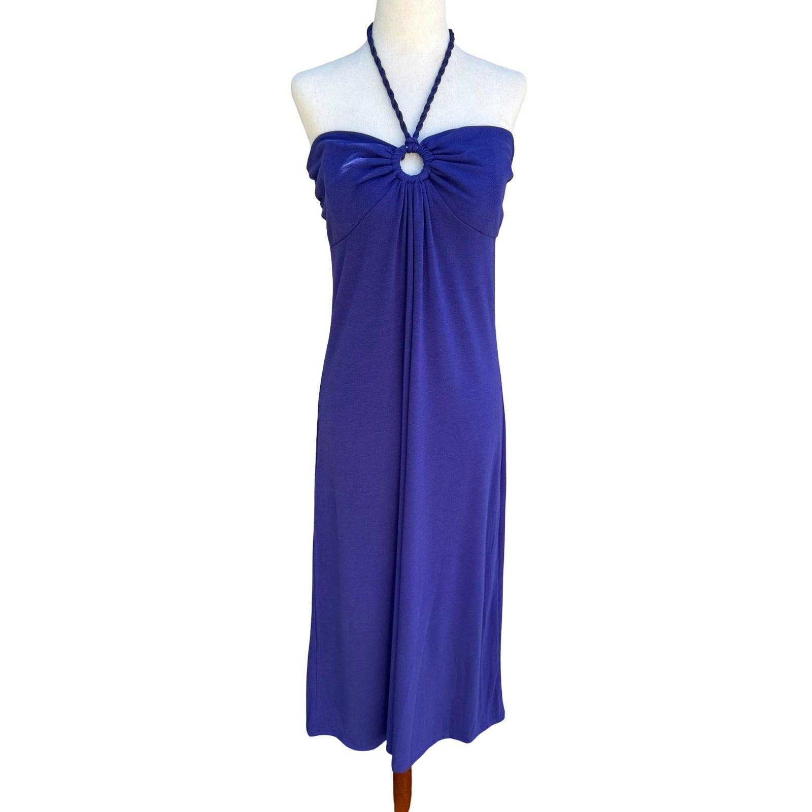 Y2K Purple Halter Midi Dress Braided Rope O-Ring Detail Sleeveless Summer Column