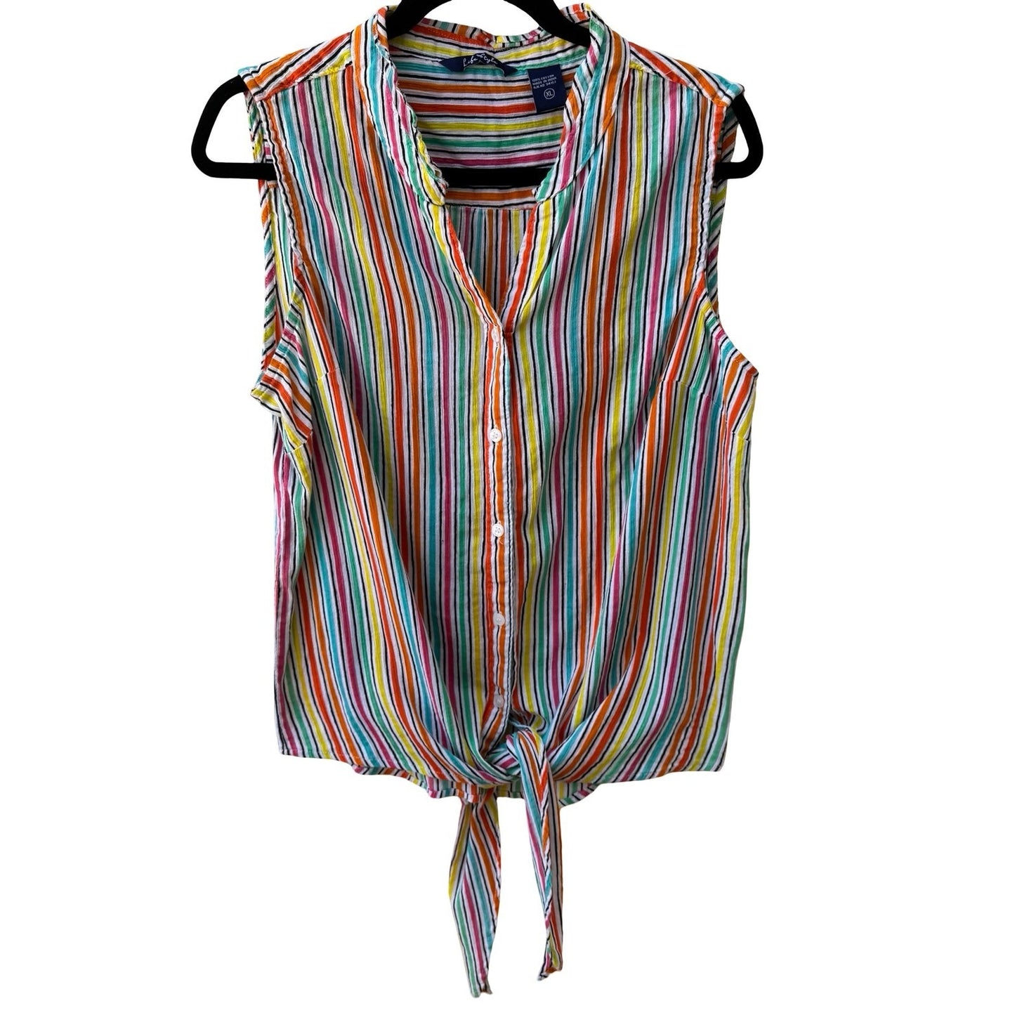 Life Style Coastal Beachy Festival Sleeveless Tie Front Cotton Striped Shirt XL