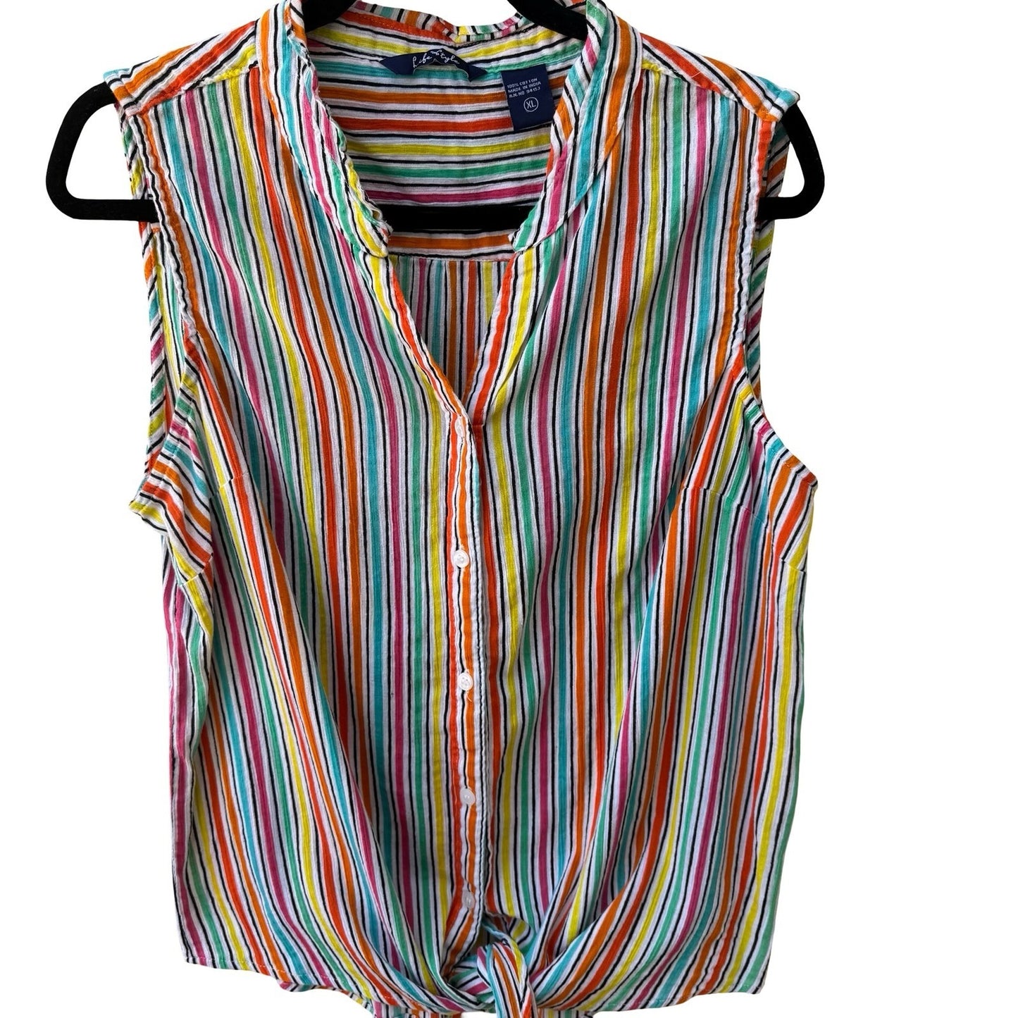 Life Style Coastal Beachy Festival Sleeveless Tie Front Cotton Striped Shirt XL