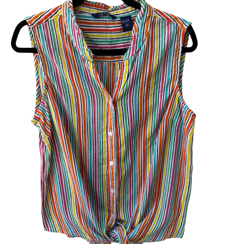 Life Style Coastal Beachy Festival Sleeveless Tie Front Cotton Striped Shirt XL