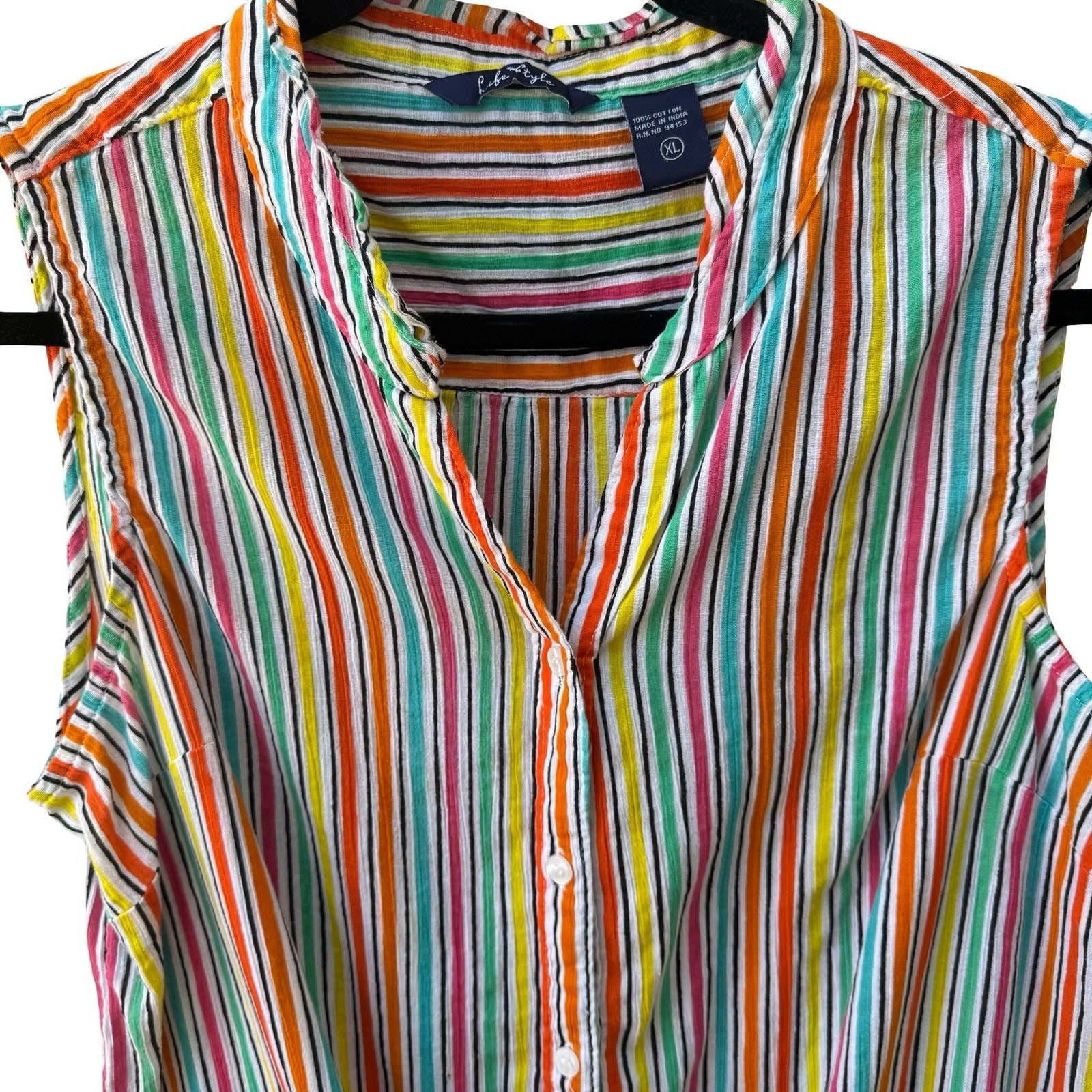 Life Style Coastal Beachy Festival Sleeveless Tie Front Cotton Striped Shirt XL