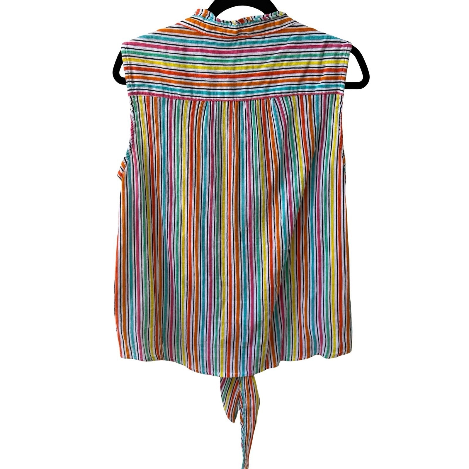 Life Style Coastal Beachy Festival Sleeveless Tie Front Cotton Striped Shirt XL