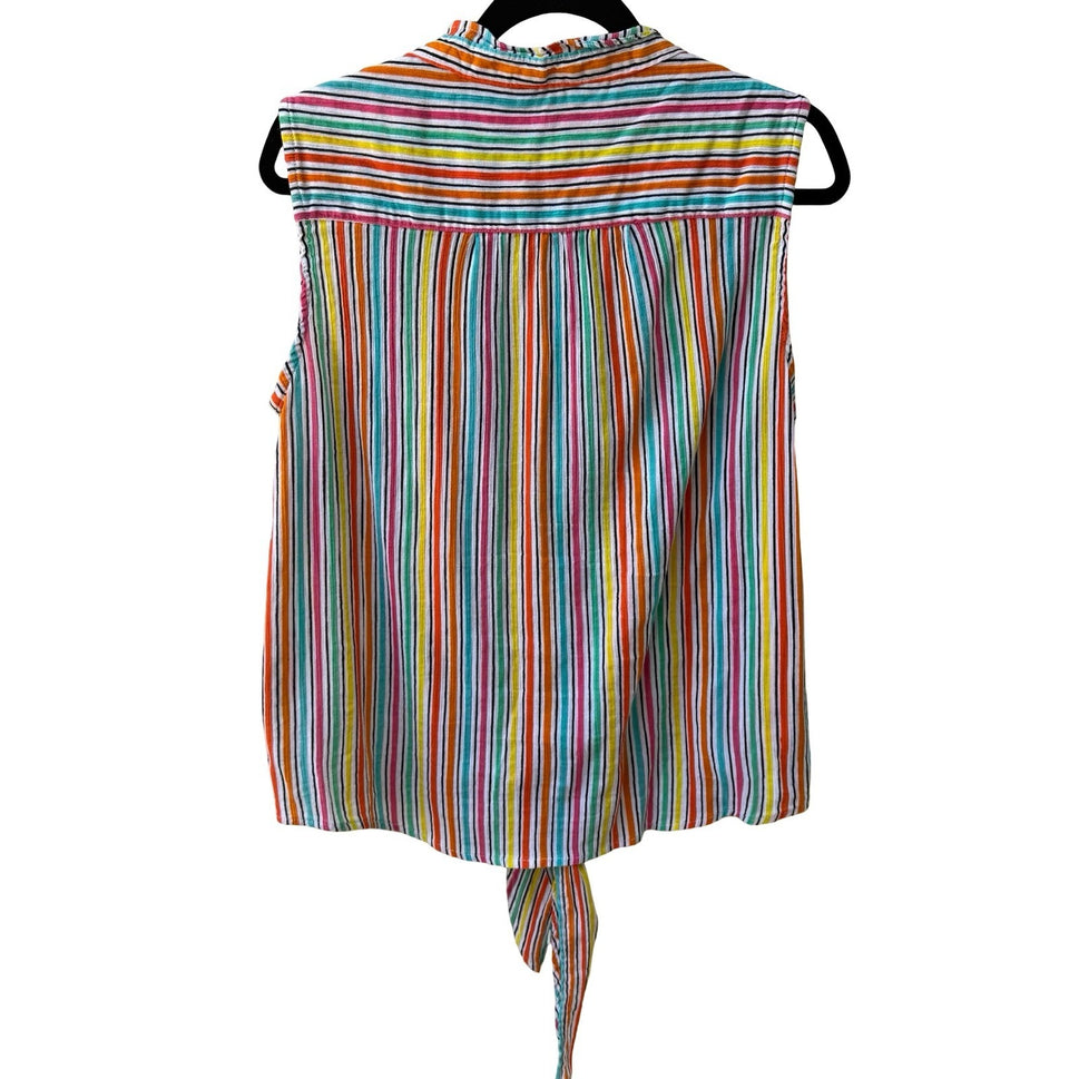 Life Style Coastal Beachy Festival Sleeveless Tie Front Cotton Striped Shirt XL