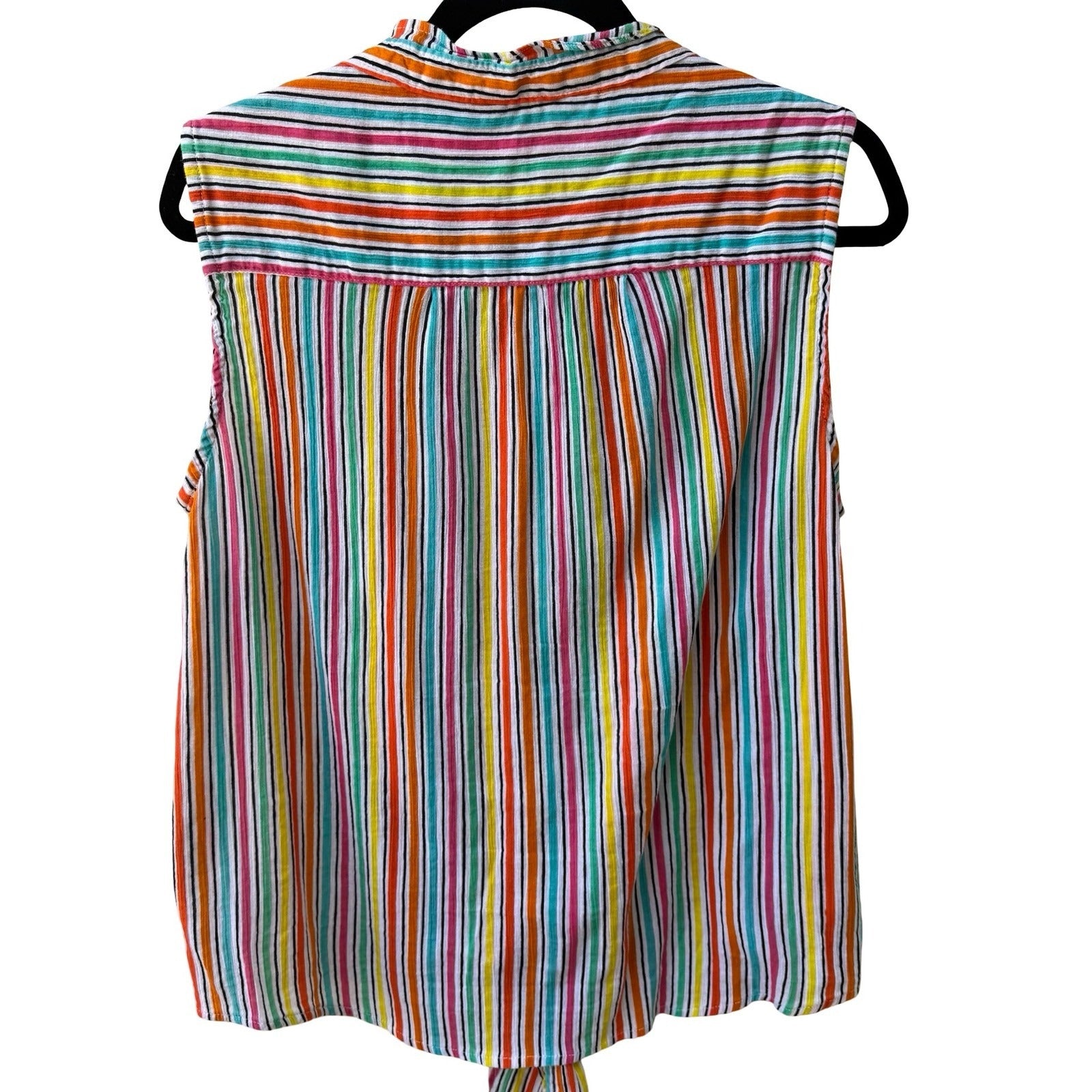 Life Style Coastal Beachy Festival Sleeveless Tie Front Cotton Striped Shirt XL