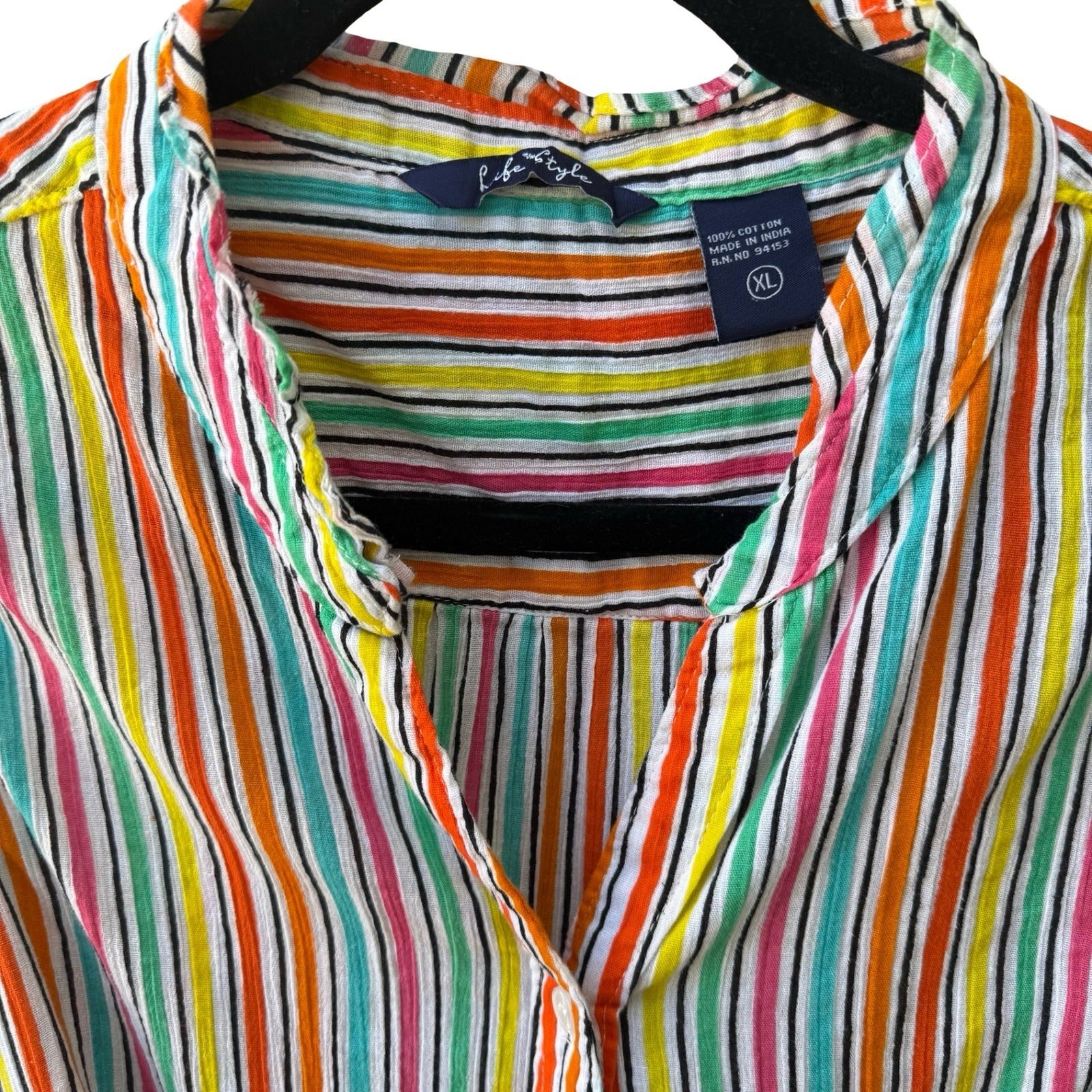 Life Style Coastal Beachy Festival Sleeveless Tie Front Cotton Striped Shirt XL