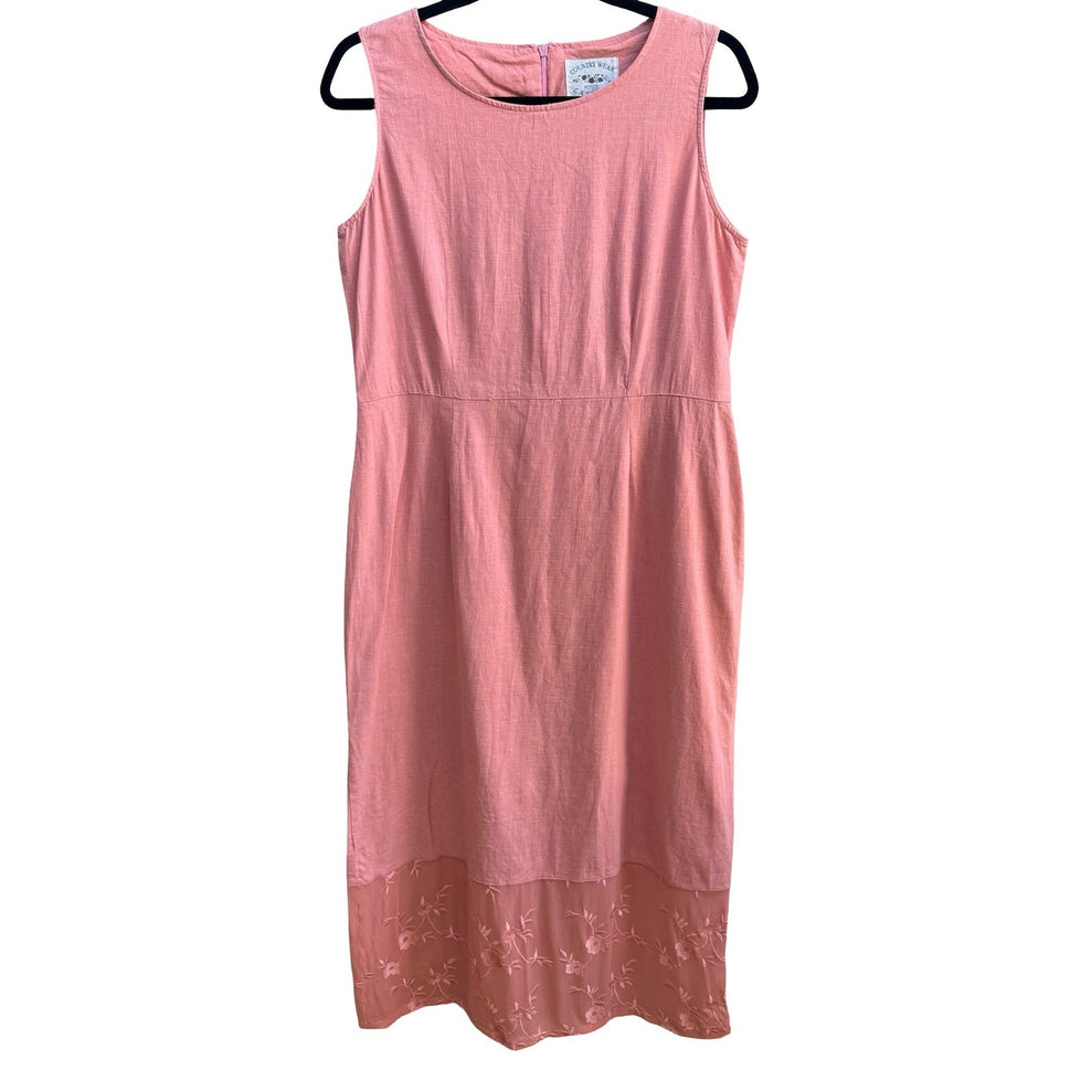 Country Wear Embroidered Linen Silk Cottagecore Lagenlook Sheer Hem Sheath Dress