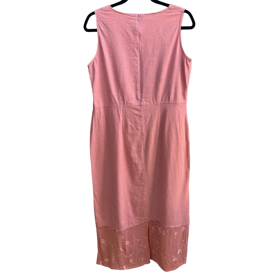 Country Wear Embroidered Linen Silk Cottagecore Lagenlook Sheer Hem Sheath Dress